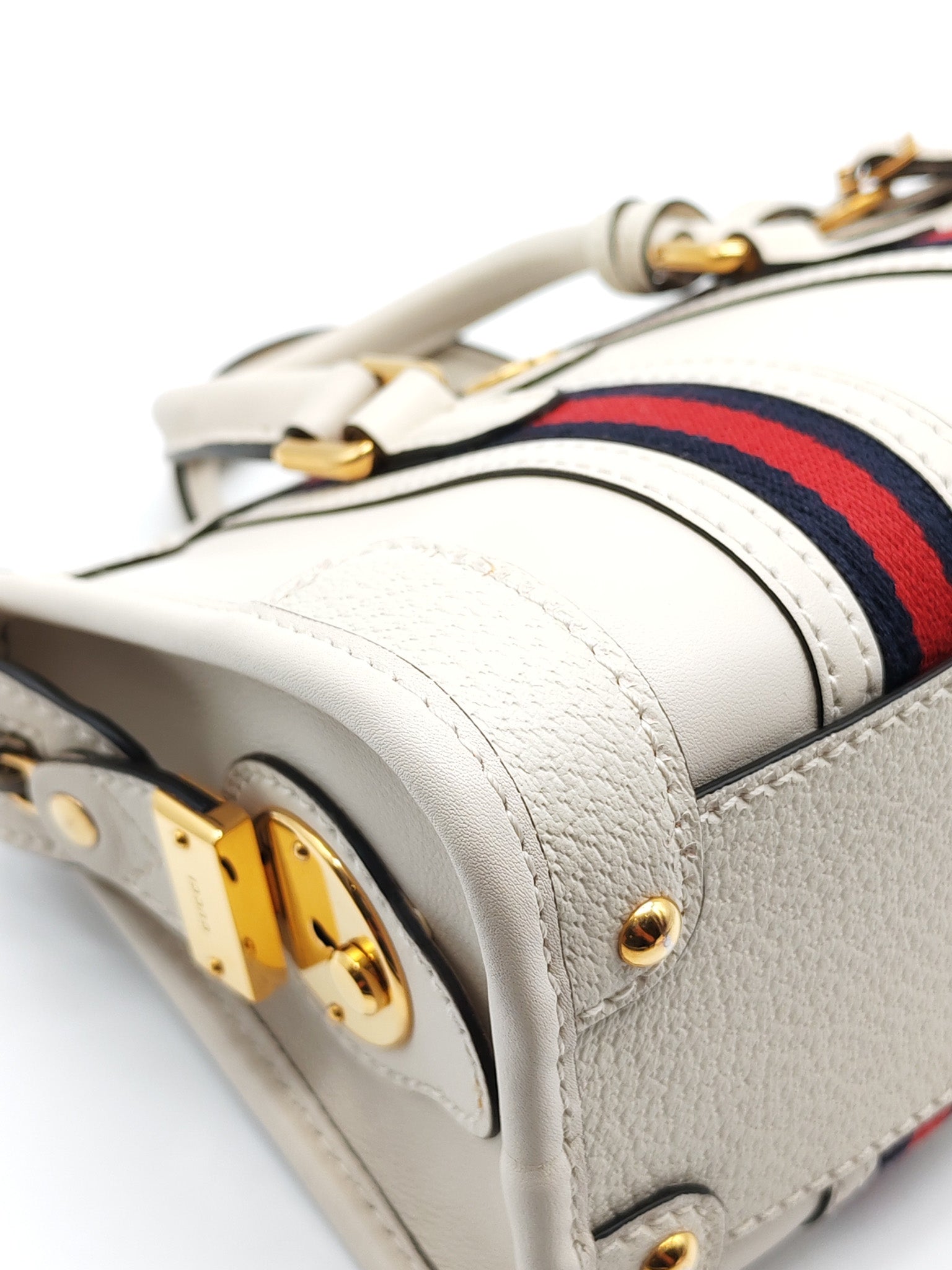 Bauletto Duffle Top Handle Bag Mini in Mystic White Koi Calfskin Web Leather | Purse Maison Luxury Bags Shop