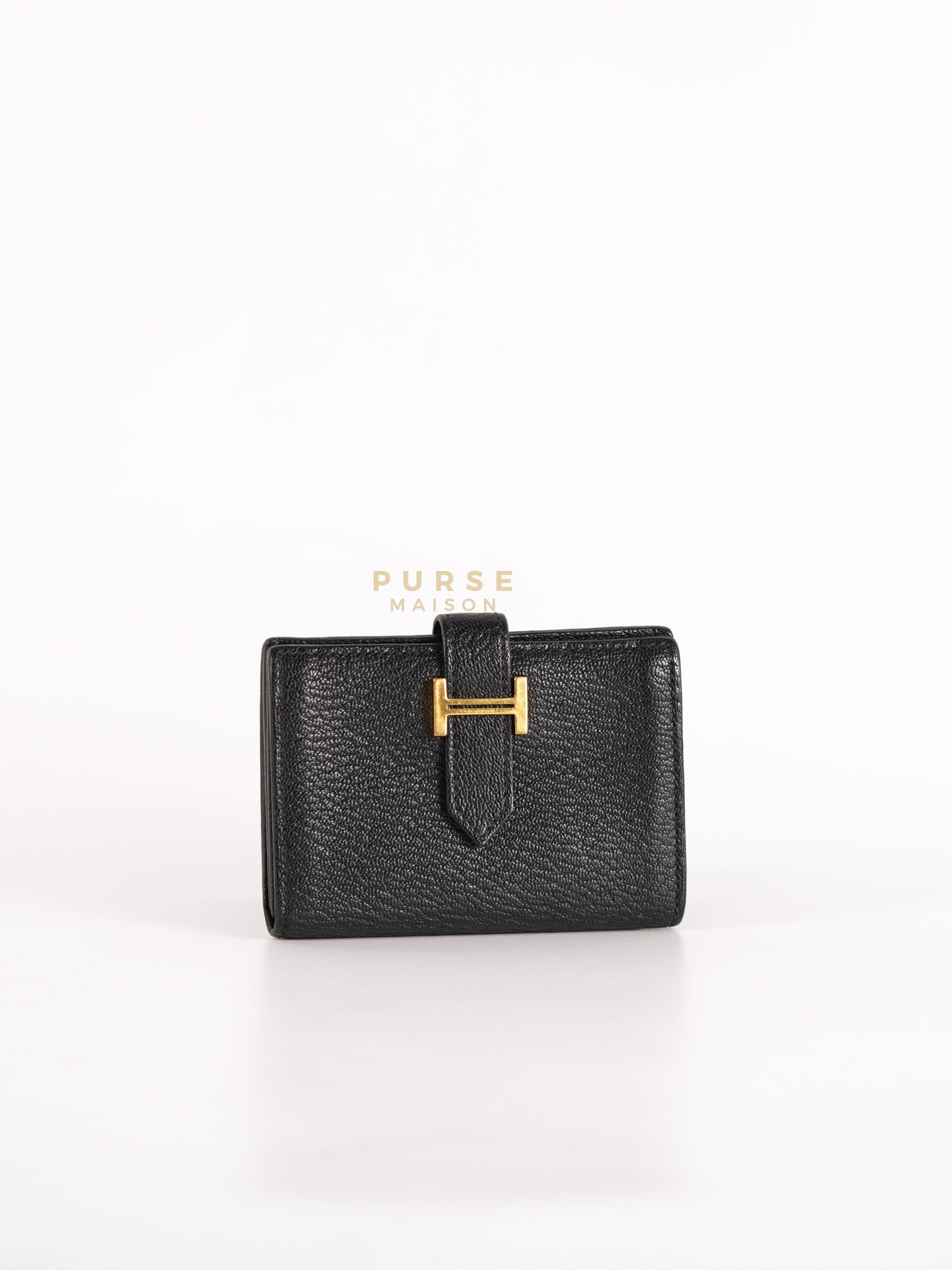 Bearn Bi-Fold Card Holder in Noir Chevre Mysore Leather & Gold Hardware Stamp D (2019) | Purse Maison Luxury Bags Shop