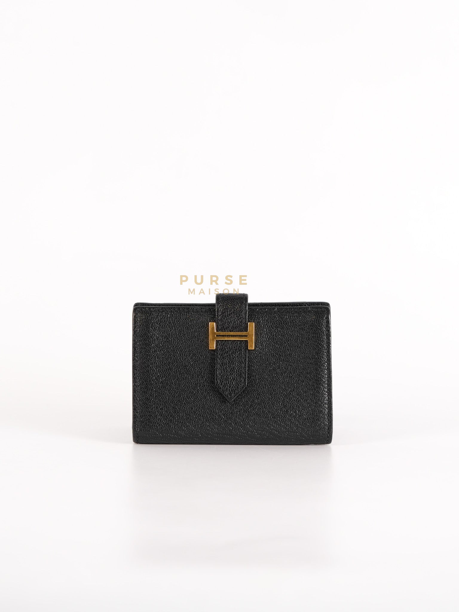 Bearn Bi-Fold Card Holder in Noir Chevre Mysore Leather & Gold Hardware Stamp D (2019) | Purse Maison Luxury Bags Shop