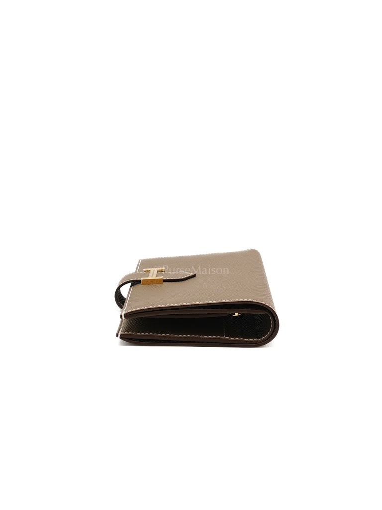 Bearn Bifold in Etoupe Epsom Leather and Gold Hardware Stamp K (2025) | Purse Maison Luxury Bags Shop