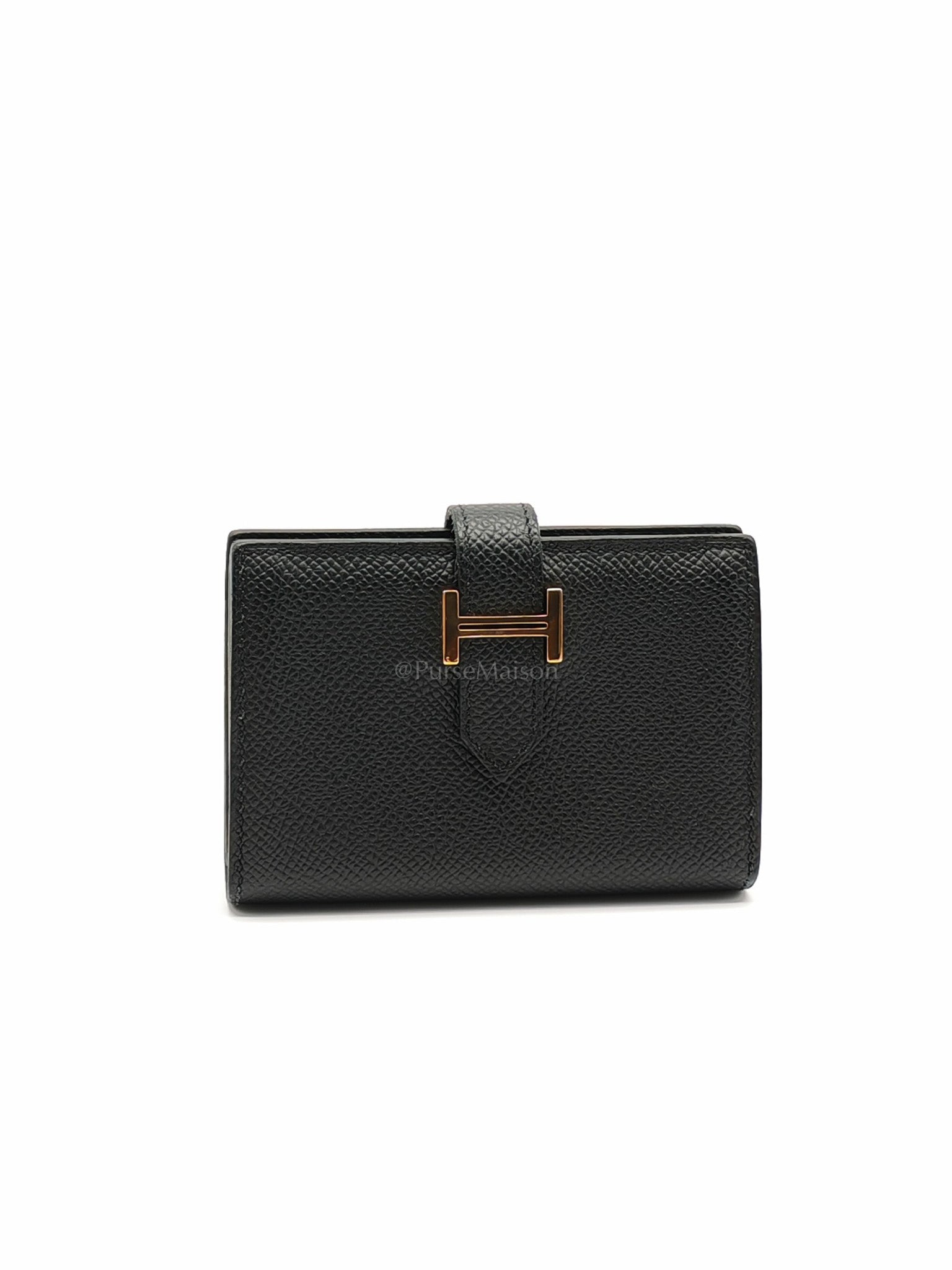 Bearn in Black Epsom Leather and Gold Hardware Card Holder Stamp B (2023) | Purse Maison Luxury Bags Shop