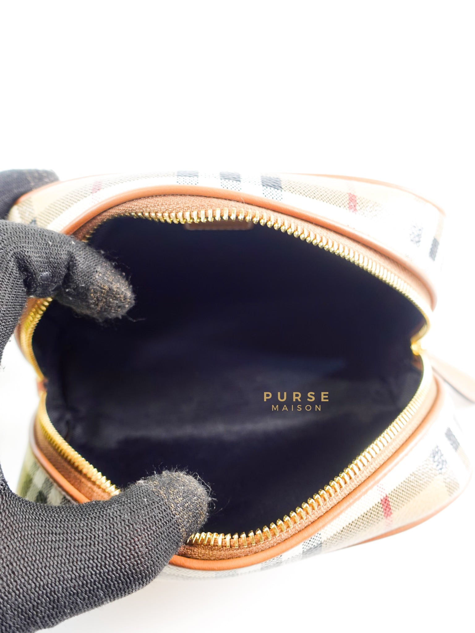 Beige Check Zipped Pouch Bag | Purse Maison Luxury Bags Shop