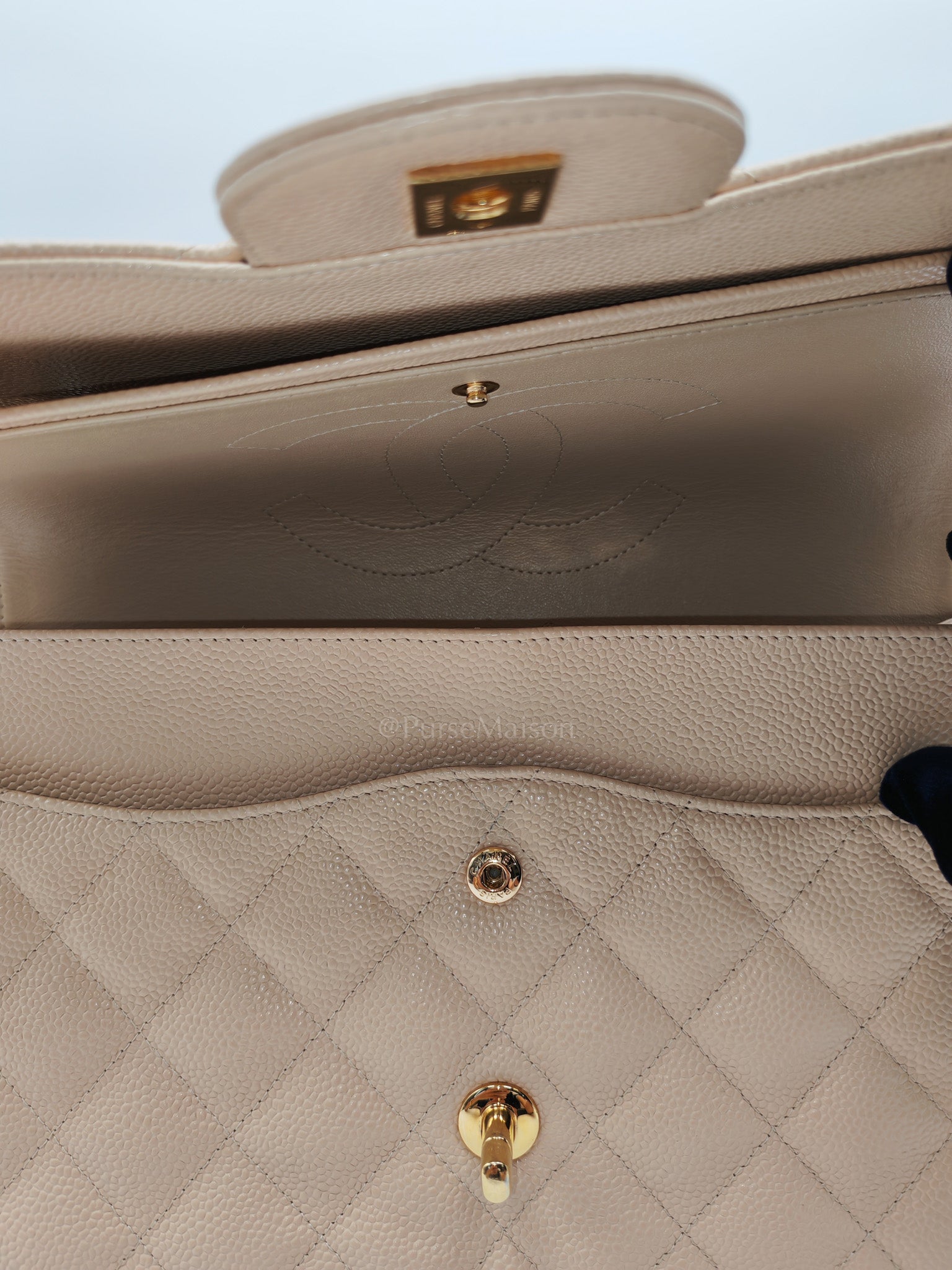 Classic Double Flap Jumbo in Beige Clair Quilted Caviar Leather & Gold Hardware Series 18