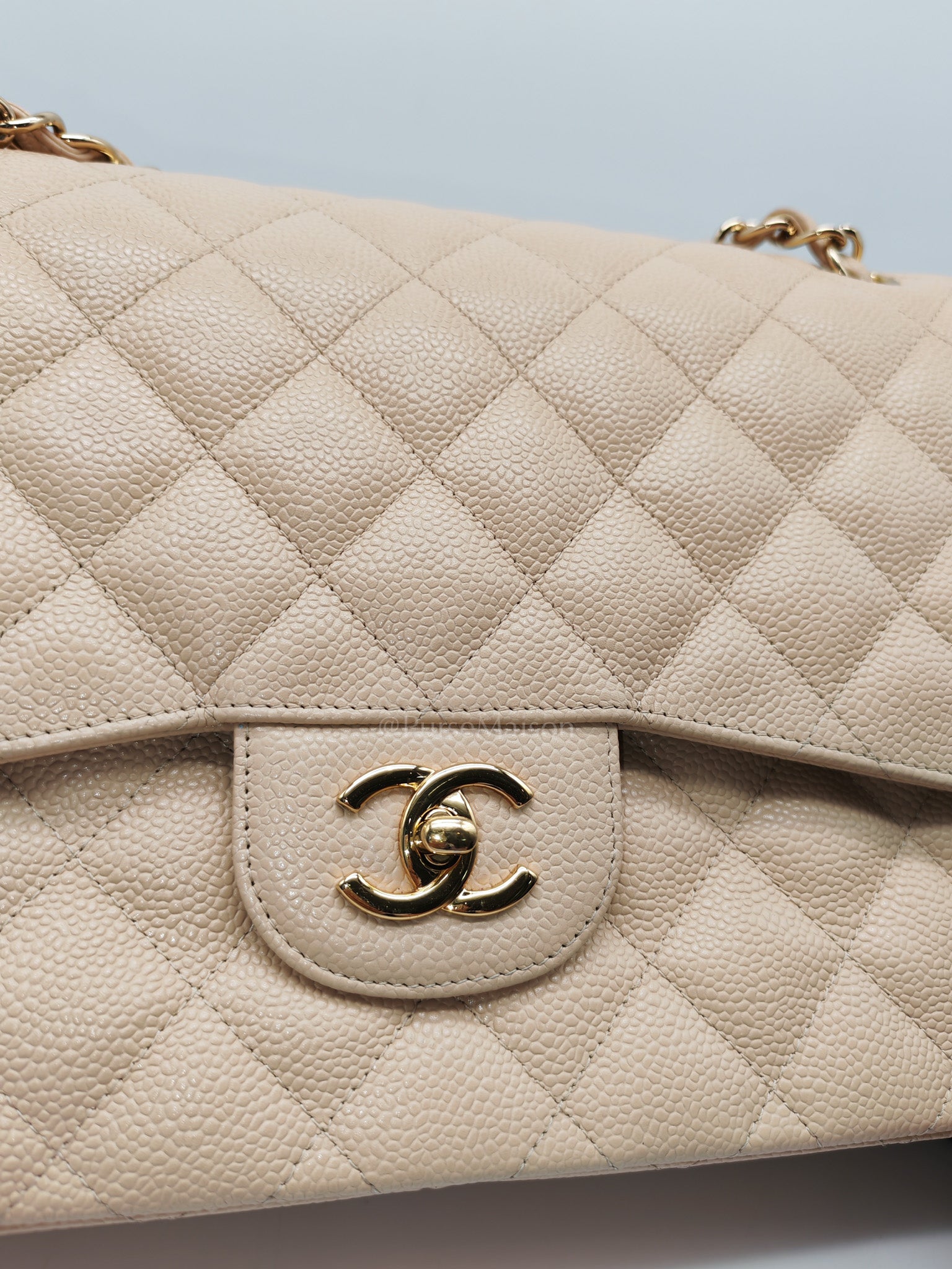 Classic Double Flap Jumbo in Beige Clair Quilted Caviar Leather & Gold Hardware Series 18