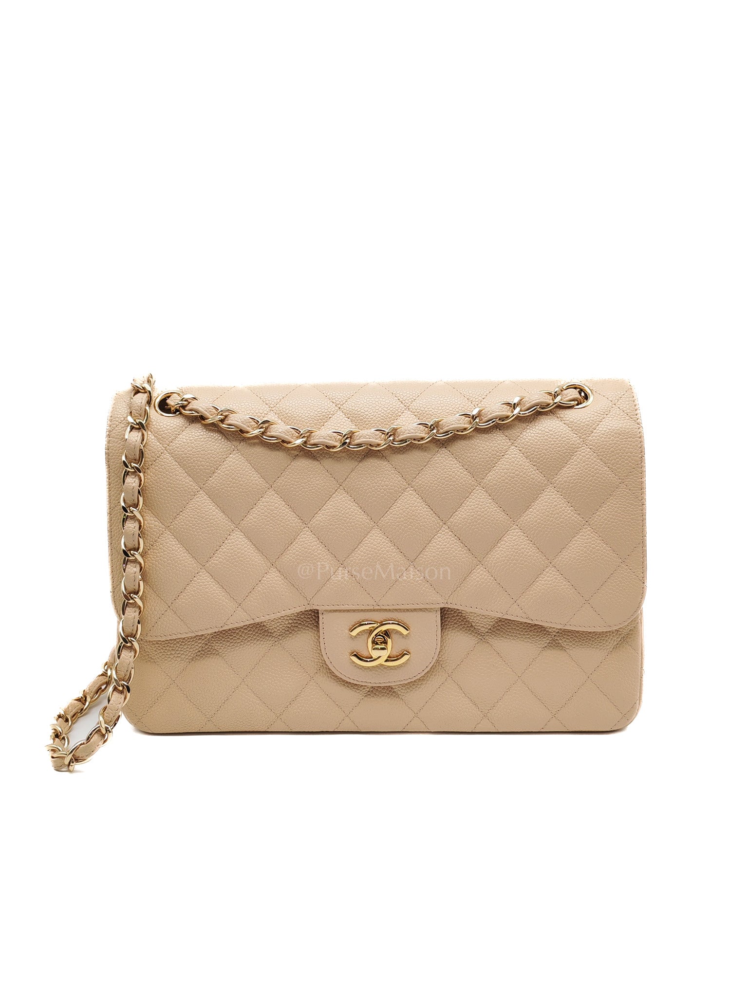 Classic Double Flap Jumbo in Beige Clair Quilted Caviar Leather & Gold Hardware Series 18