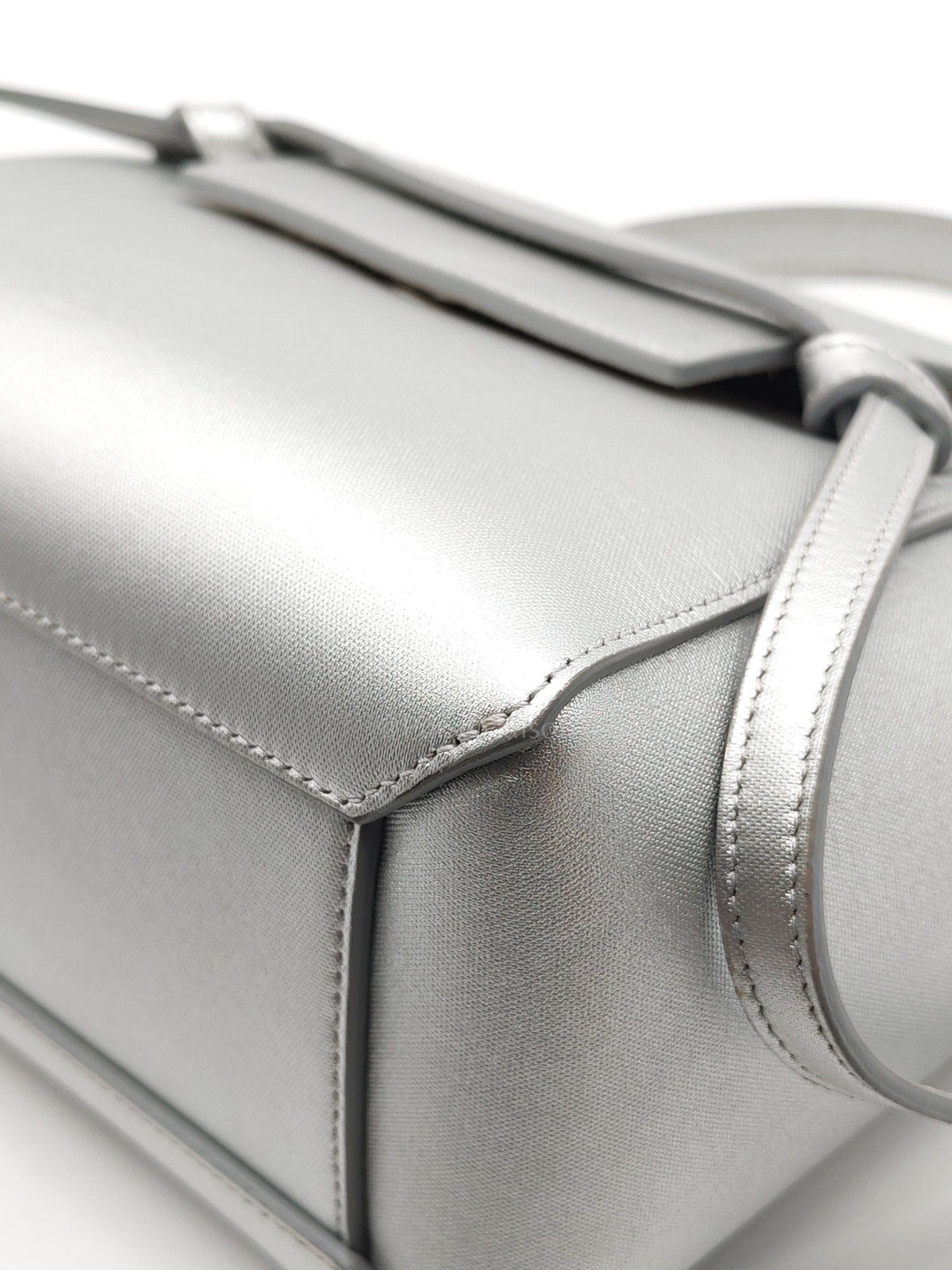 Belt Bag Nano in Silver Laminated Calfskin Leather & Silver Hardware | Purse Maison Luxury Bags Shop