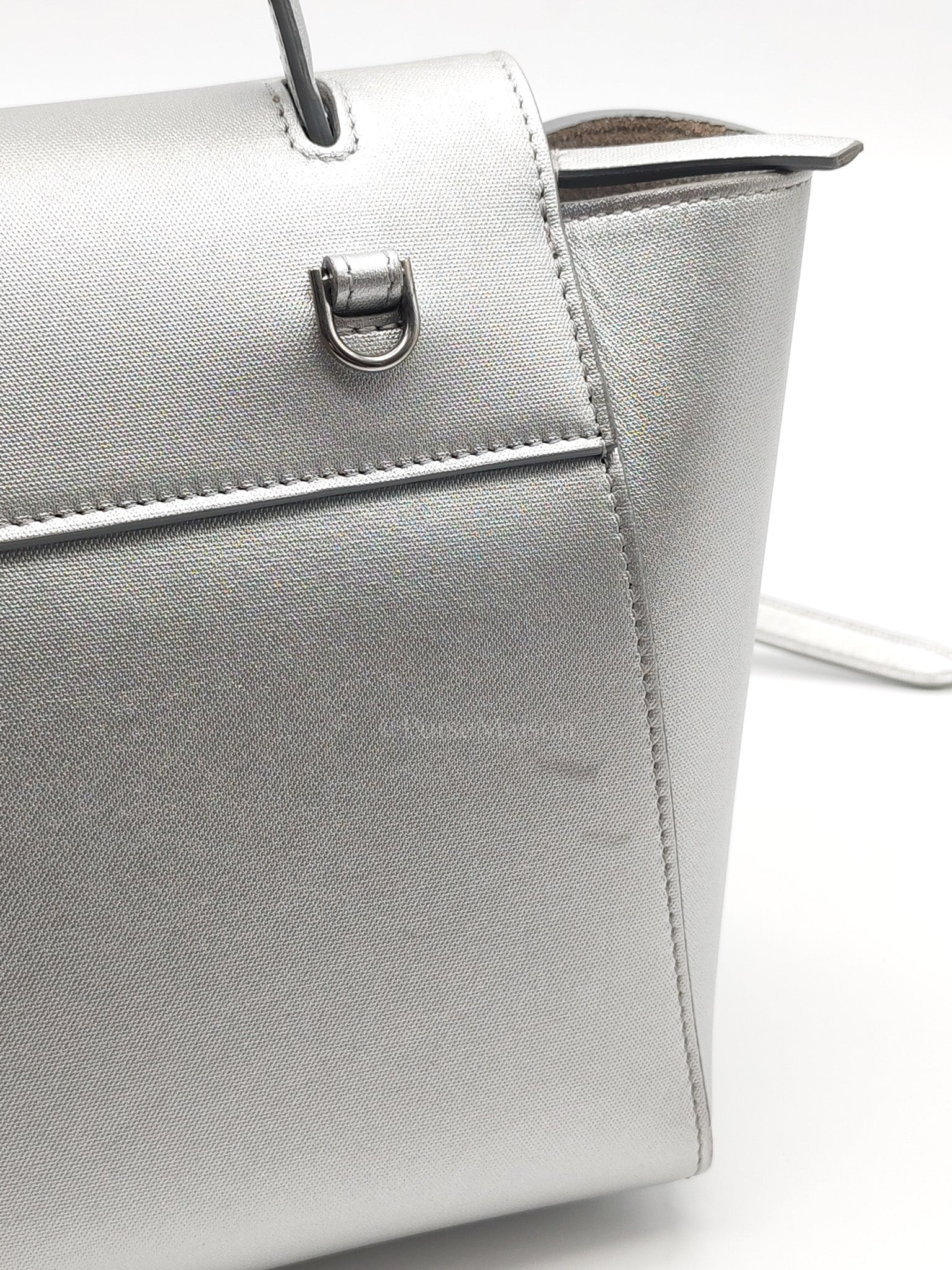 Belt Bag Nano in Silver Laminated Calfskin Leather & Silver Hardware | Purse Maison Luxury Bags Shop
