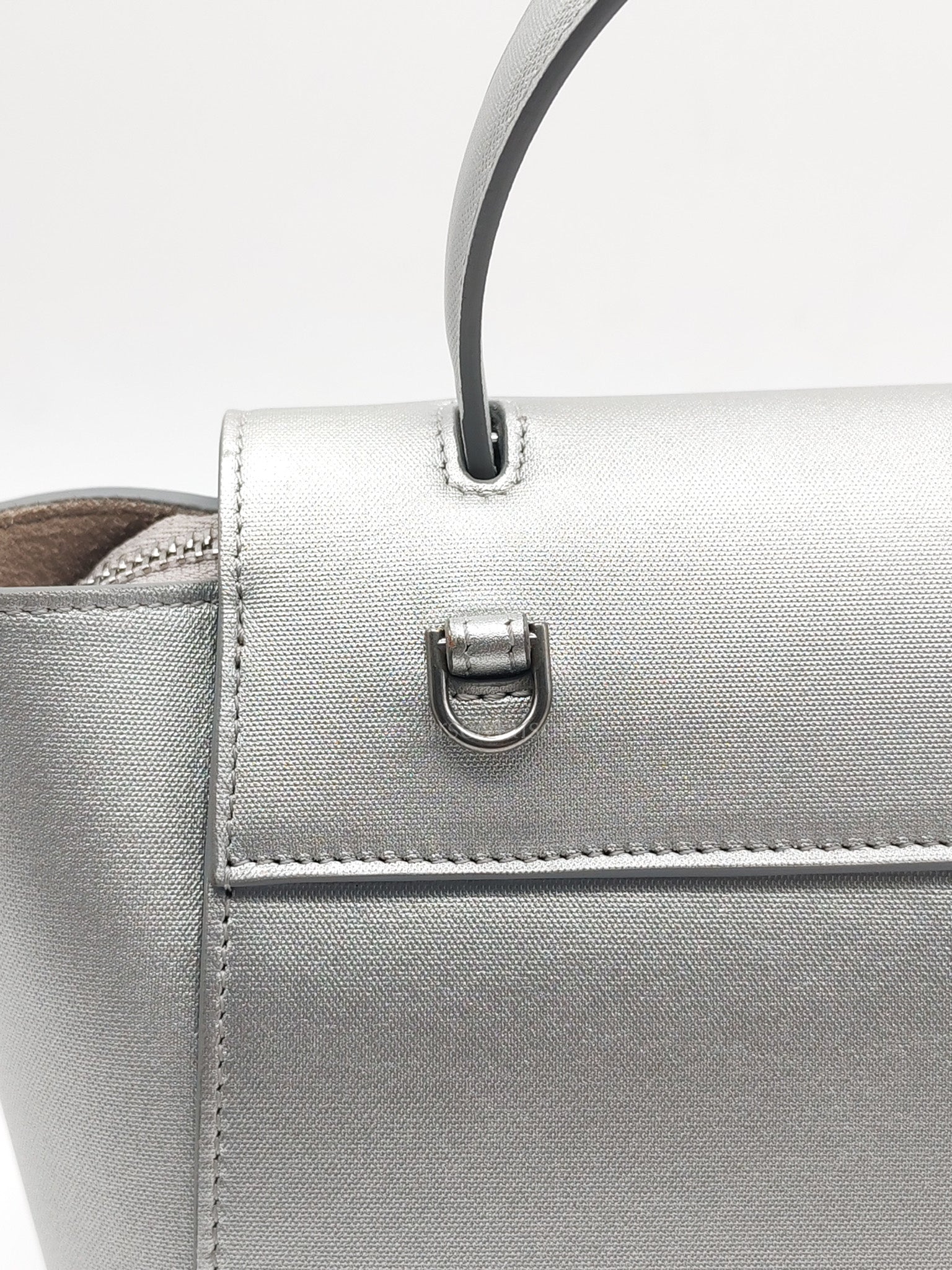 Belt Bag Nano in Silver Laminated Calfskin Leather & Silver Hardware | Purse Maison Luxury Bags Shop