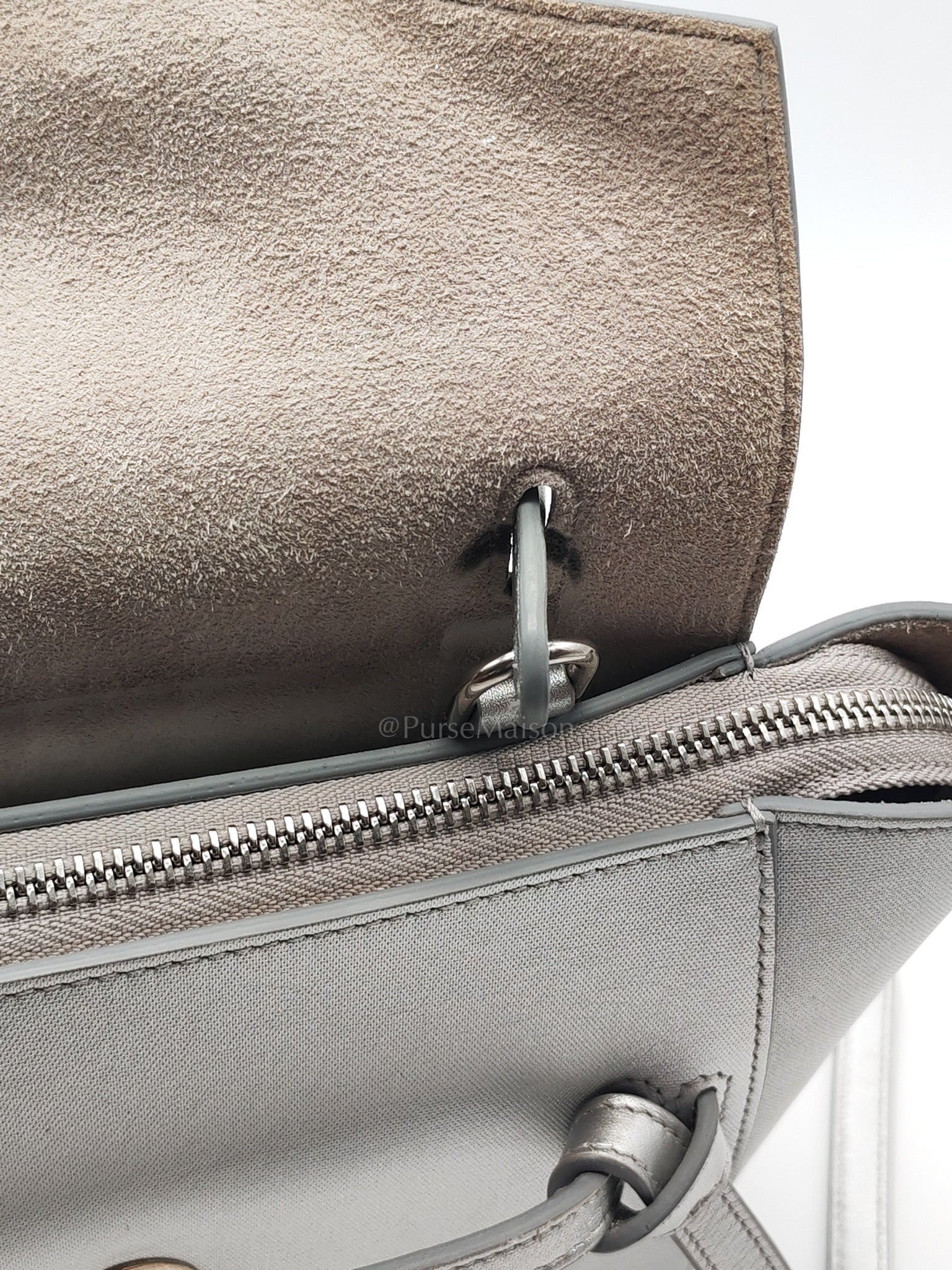 Belt Bag Nano in Silver Laminated Calfskin Leather & Silver Hardware | Purse Maison Luxury Bags Shop