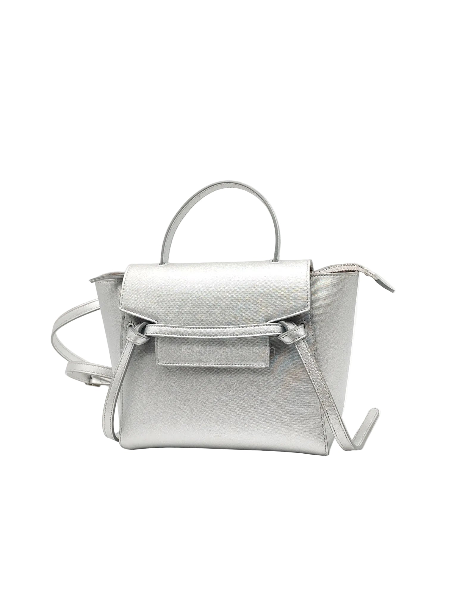 Belt Bag Nano in Silver Laminated Calfskin Leather & Silver Hardware | Purse Maison Luxury Bags Shop