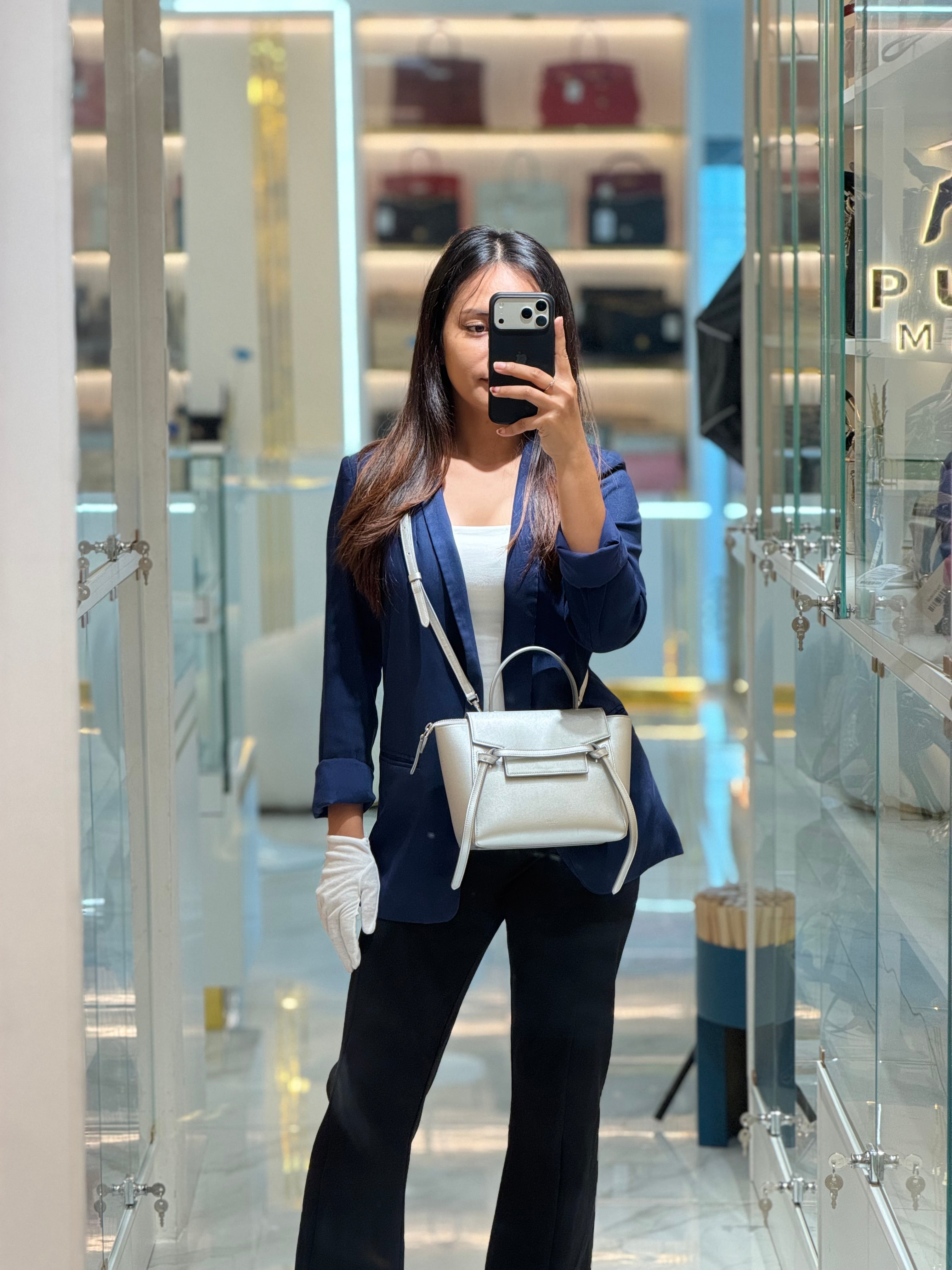 Belt Bag Nano in Silver Laminated Calfskin Leather & Silver Hardware | Purse Maison Luxury Bags Shop