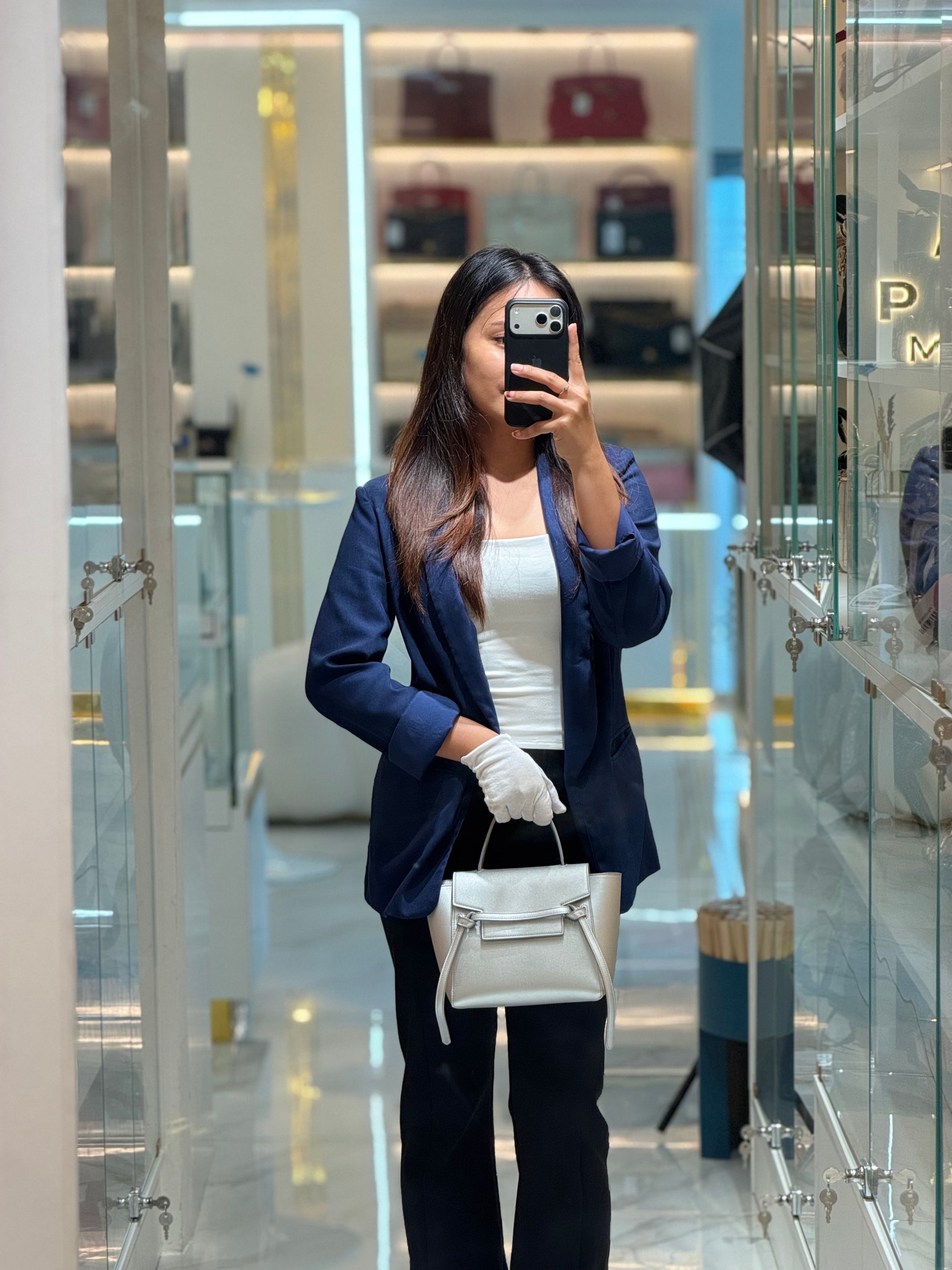 Belt Bag Nano in Silver Laminated Calfskin Leather & Silver Hardware | Purse Maison Luxury Bags Shop
