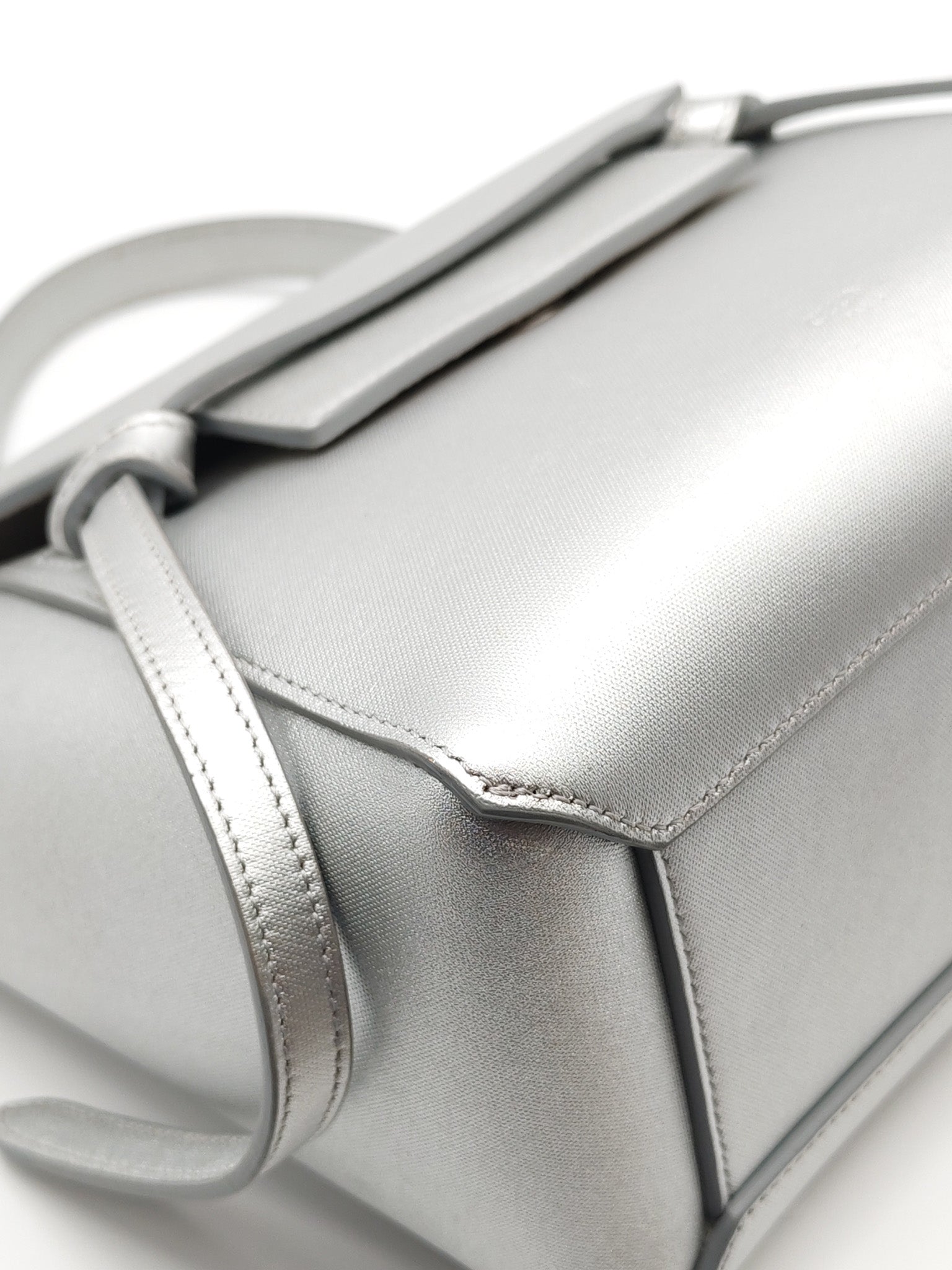 Belt Bag Nano in Silver Laminated Calfskin Leather & Silver Hardware | Purse Maison Luxury Bags Shop