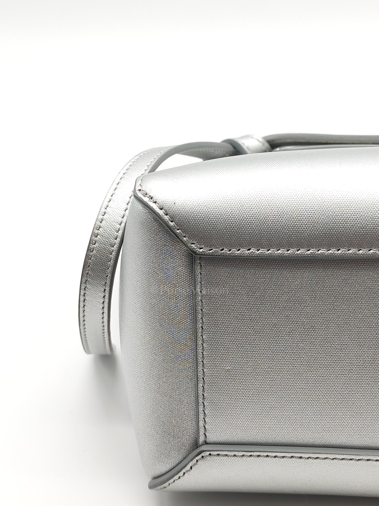 Belt Bag Nano in Silver Laminated Calfskin Leather & Silver Hardware | Purse Maison Luxury Bags Shop
