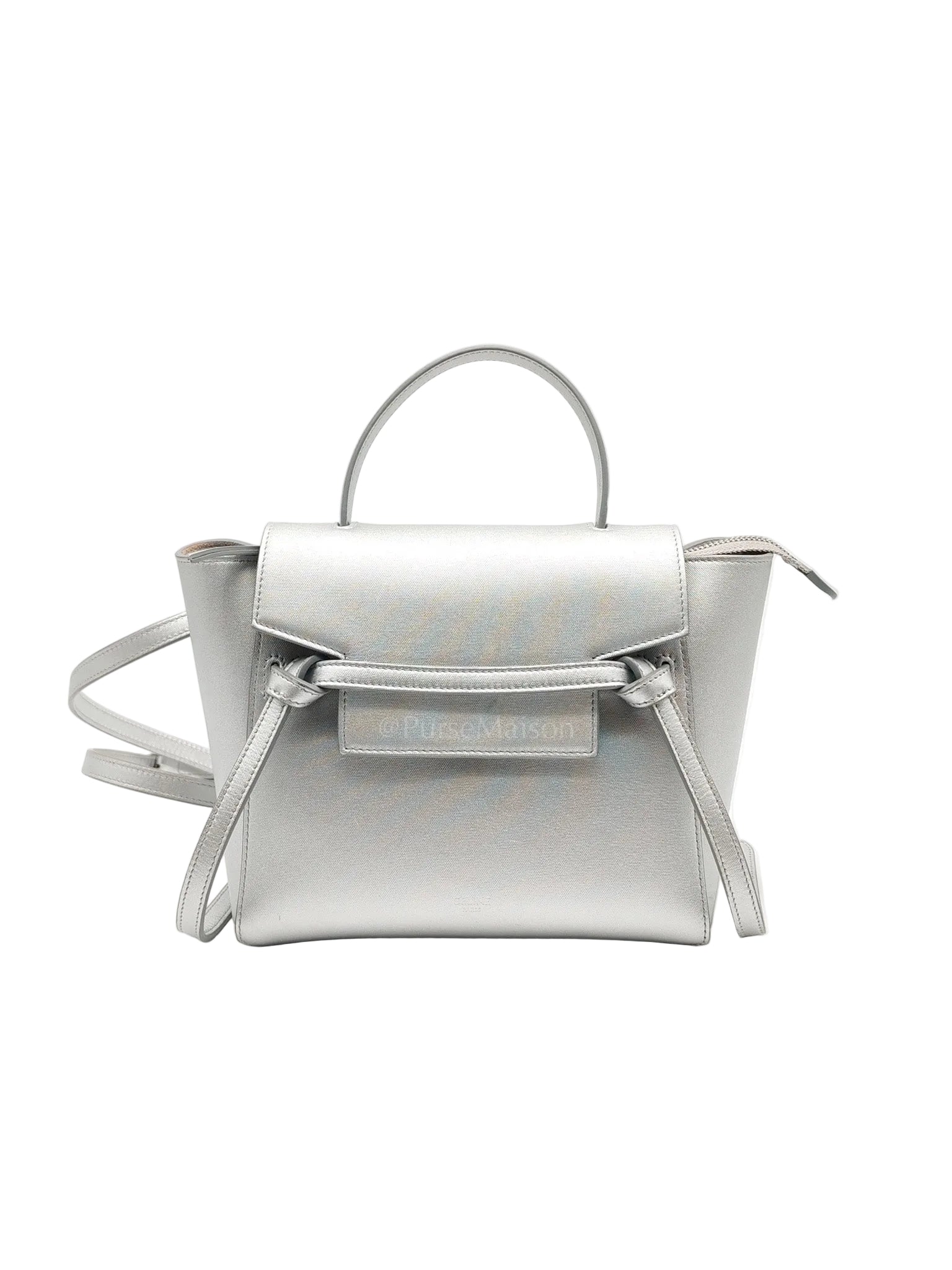 Belt Bag Nano in Silver Laminated Calfskin Leather & Silver Hardware | Purse Maison Luxury Bags Shop