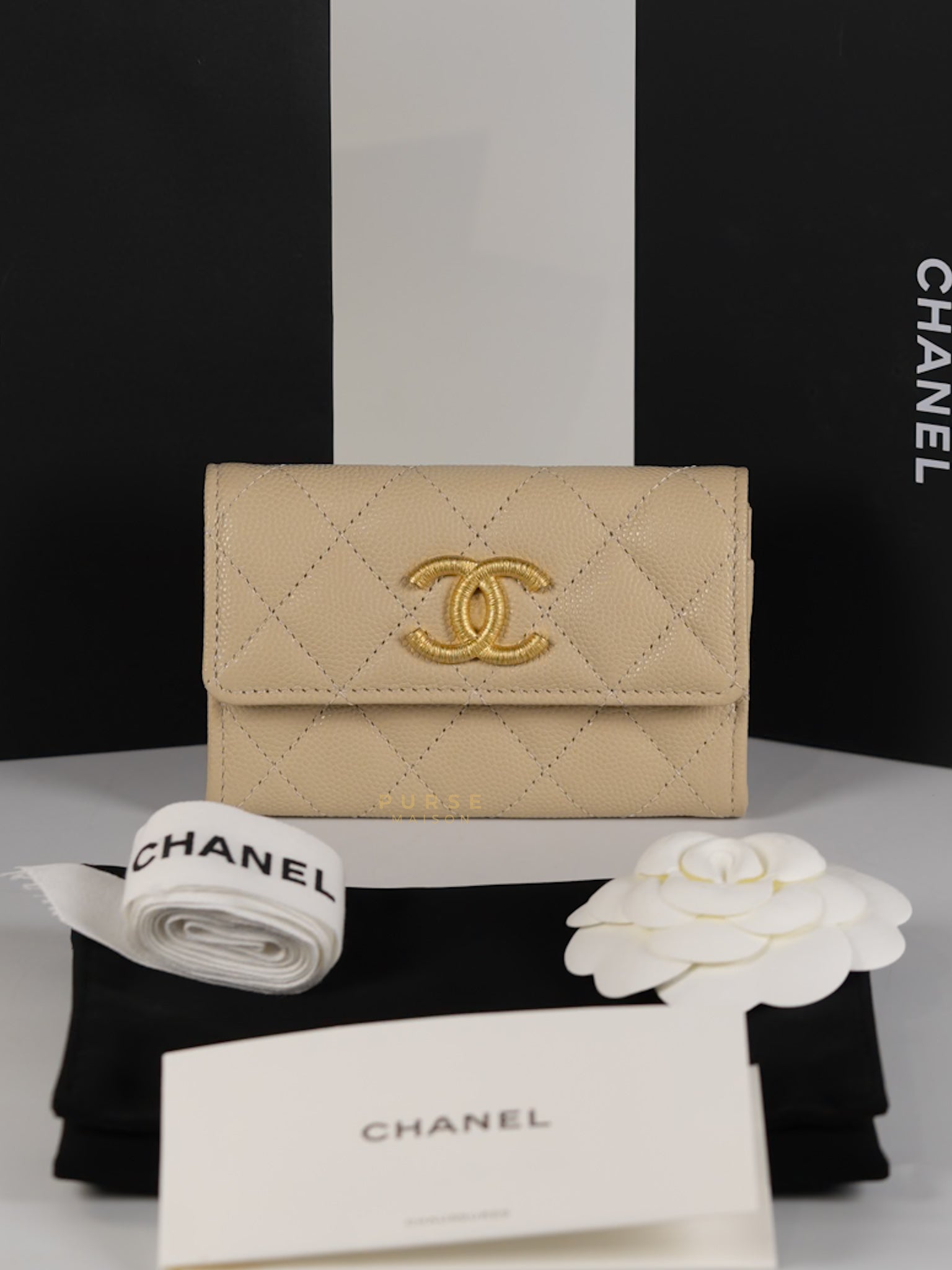 Big CC Flap Card Holder in Beige Caviar Leather Gold Hardware(Microchip) | Purse Maison Luxury Bags Shop