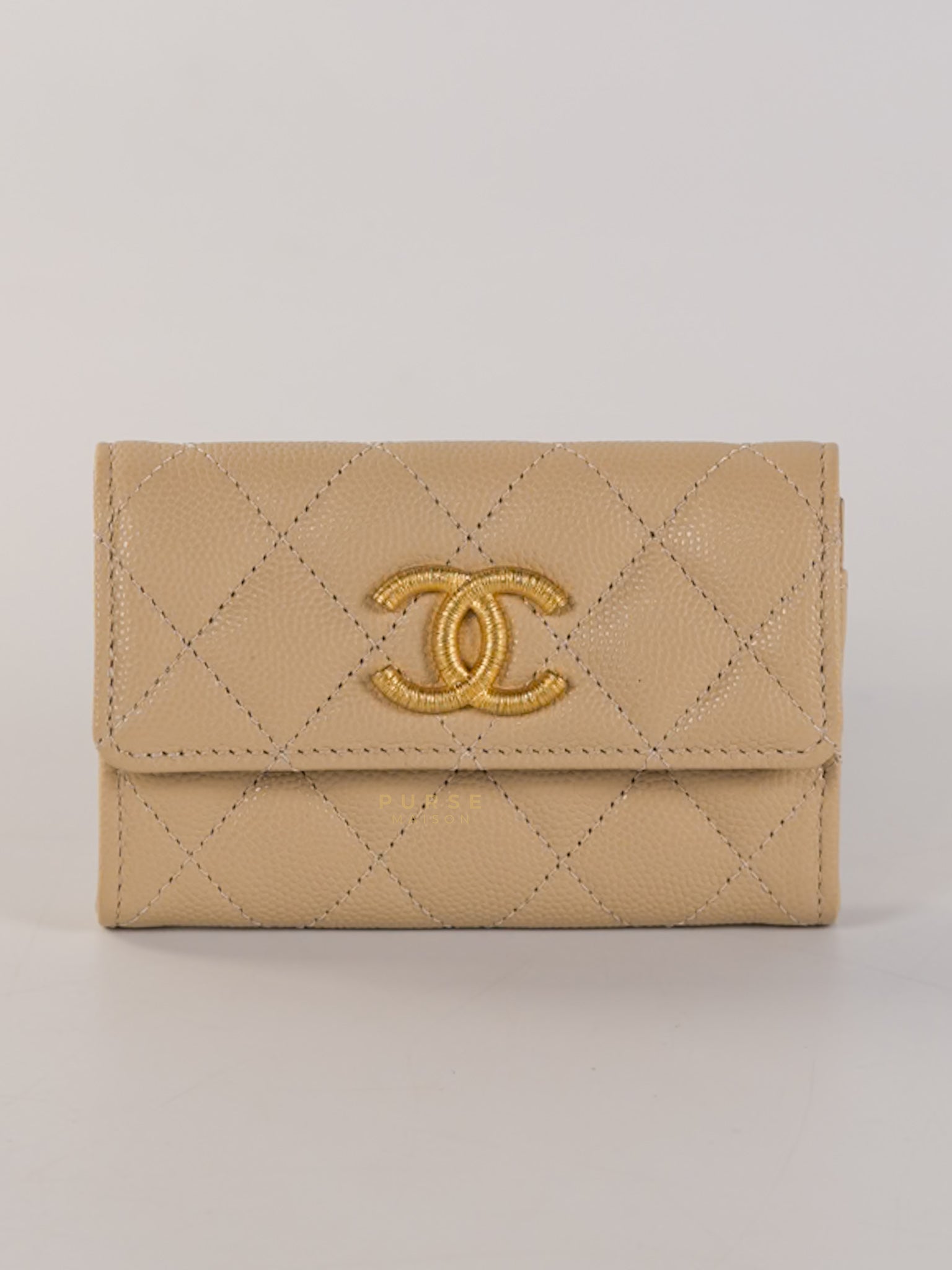 Big CC Flap Card Holder in Beige Caviar Leather Gold Hardware(Microchip) | Purse Maison Luxury Bags Shop