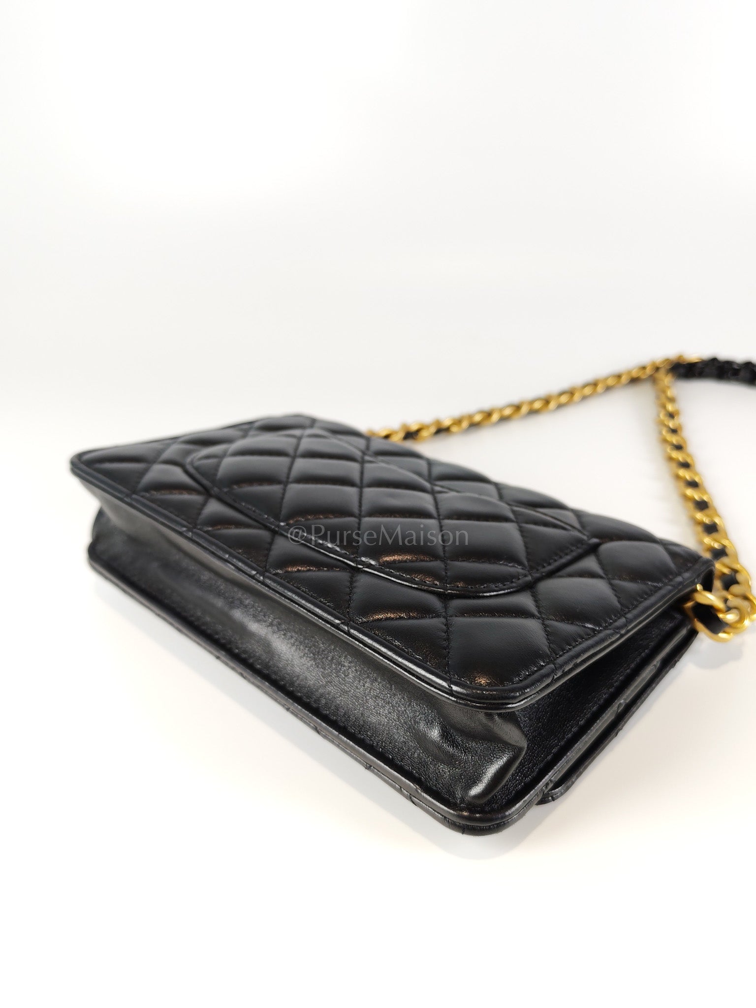 Big CC Logo Wallet on Chain in Black Lambskin Leather Aged Gold Hardware (Microchip) | Purse Maison Luxury Bags Shop