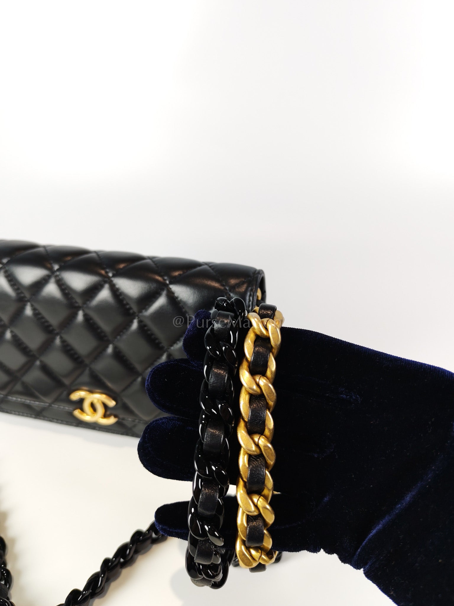 Big CC Logo Wallet on Chain in Black Lambskin Leather Aged Gold Hardware (Microchip) | Purse Maison Luxury Bags Shop