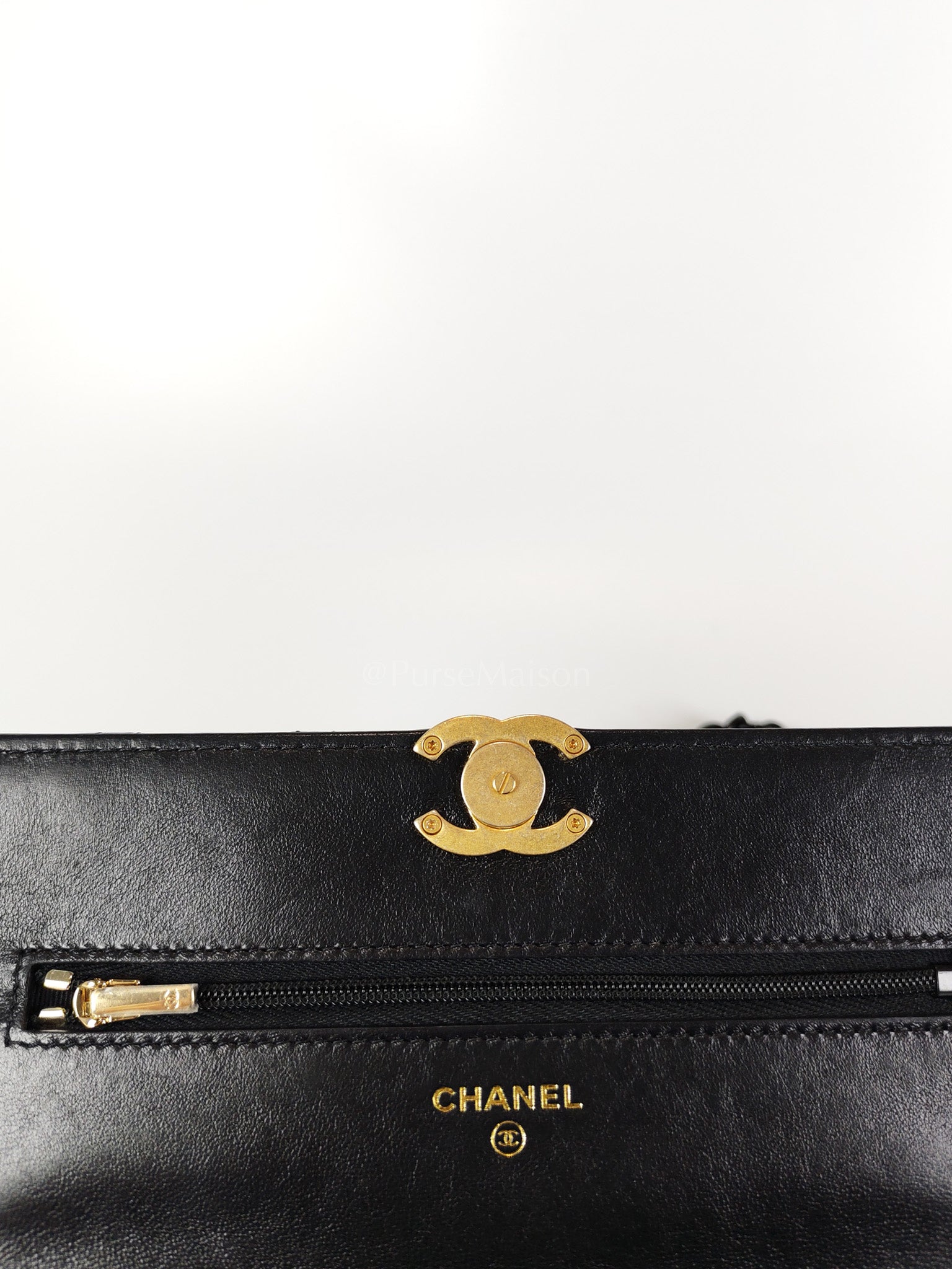 Big CC Logo Wallet on Chain in Black Lambskin Leather Aged Gold Hardware (Microchip) | Purse Maison Luxury Bags Shop
