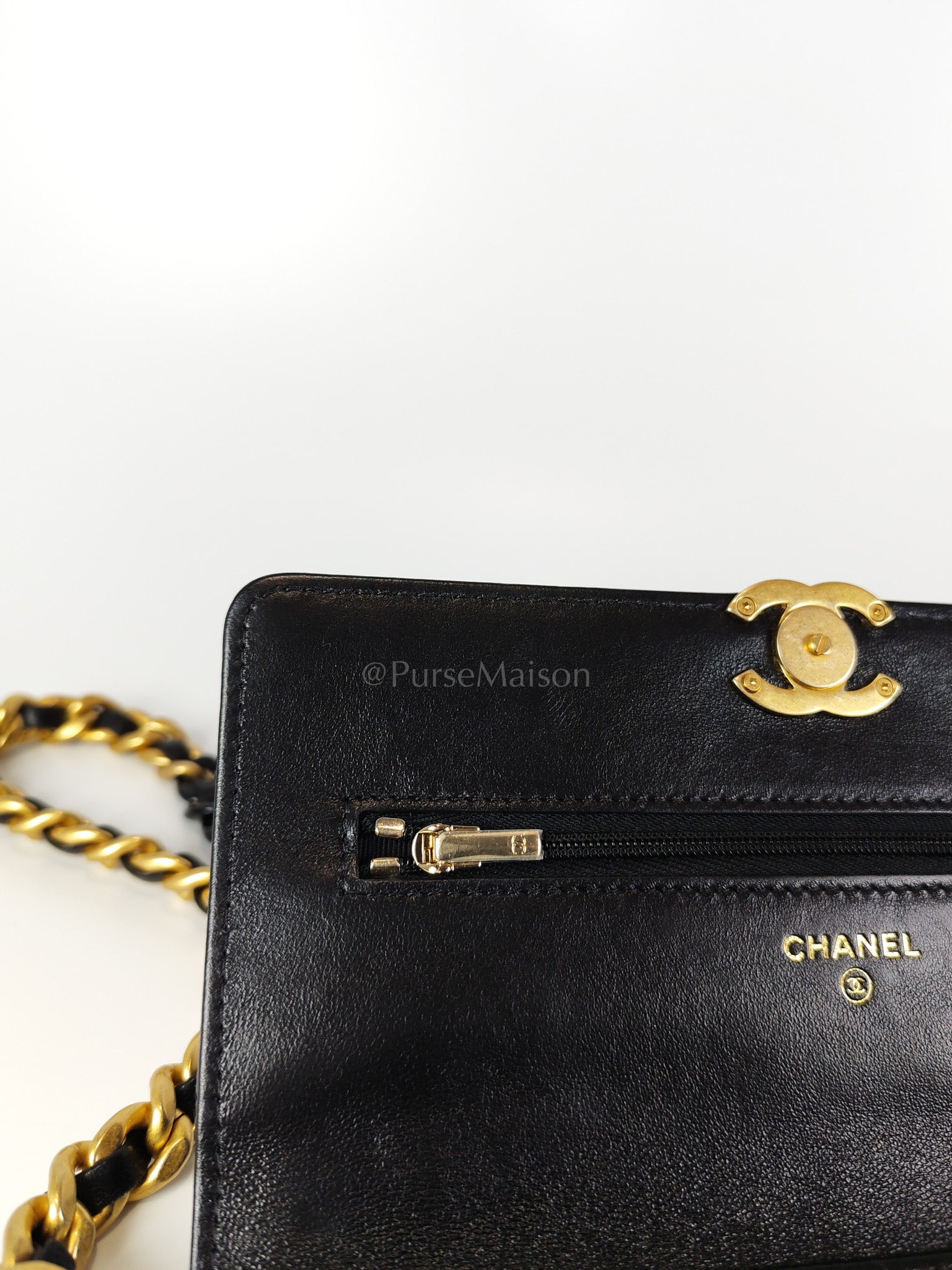 Big CC Logo Wallet on Chain in Black Lambskin Leather Aged Gold Hardware (Microchip) | Purse Maison Luxury Bags Shop