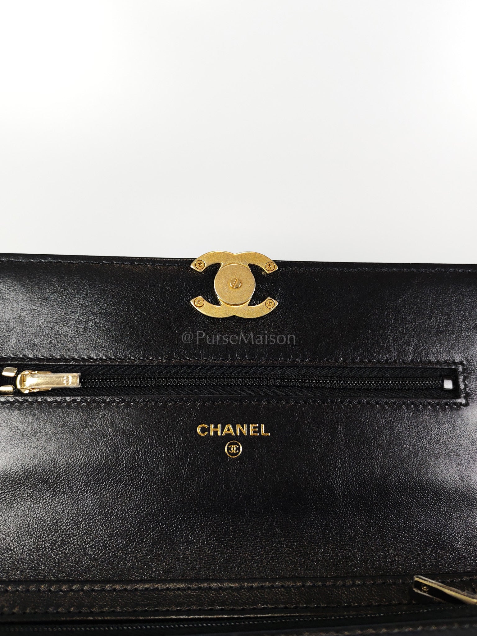 Big CC Logo Wallet on Chain in Black Lambskin Leather Aged Gold Hardware (Microchip) | Purse Maison Luxury Bags Shop