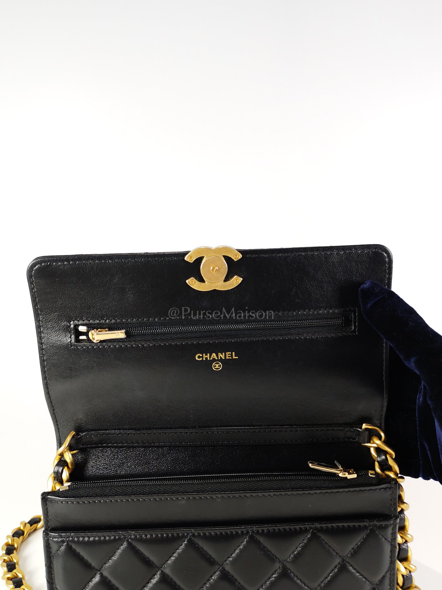 Big CC Logo Wallet on Chain in Black Lambskin Leather Aged Gold Hardware (Microchip) | Purse Maison Luxury Bags Shop