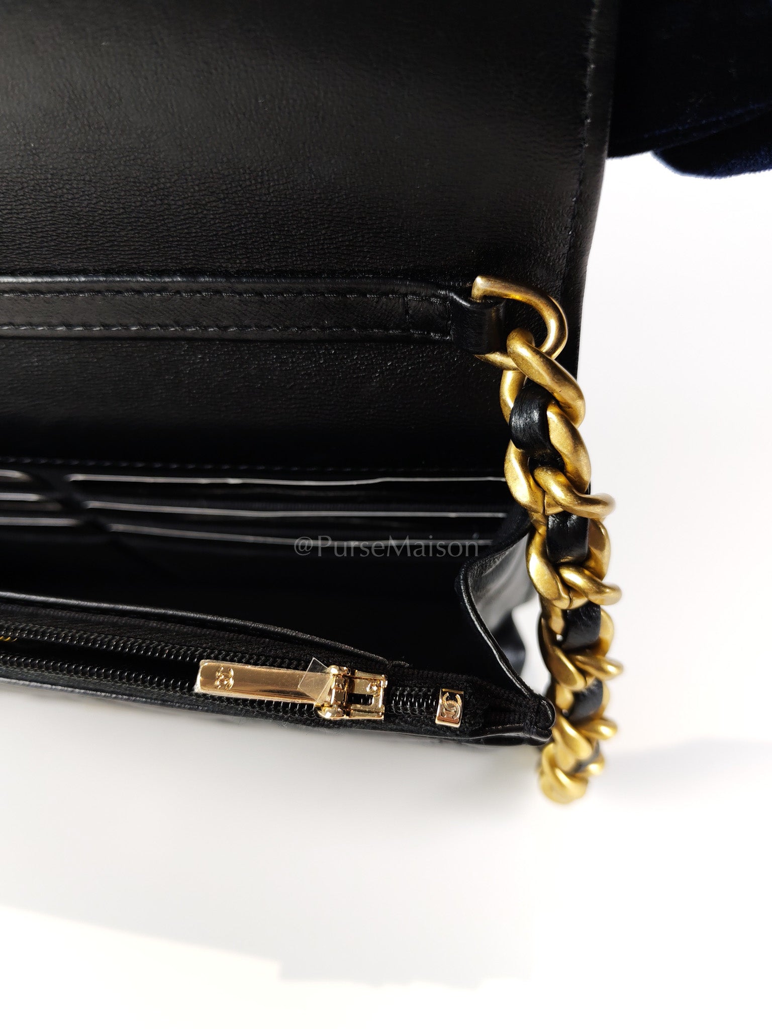 Big CC Logo Wallet on Chain in Black Lambskin Leather Aged Gold Hardware (Microchip) | Purse Maison Luxury Bags Shop