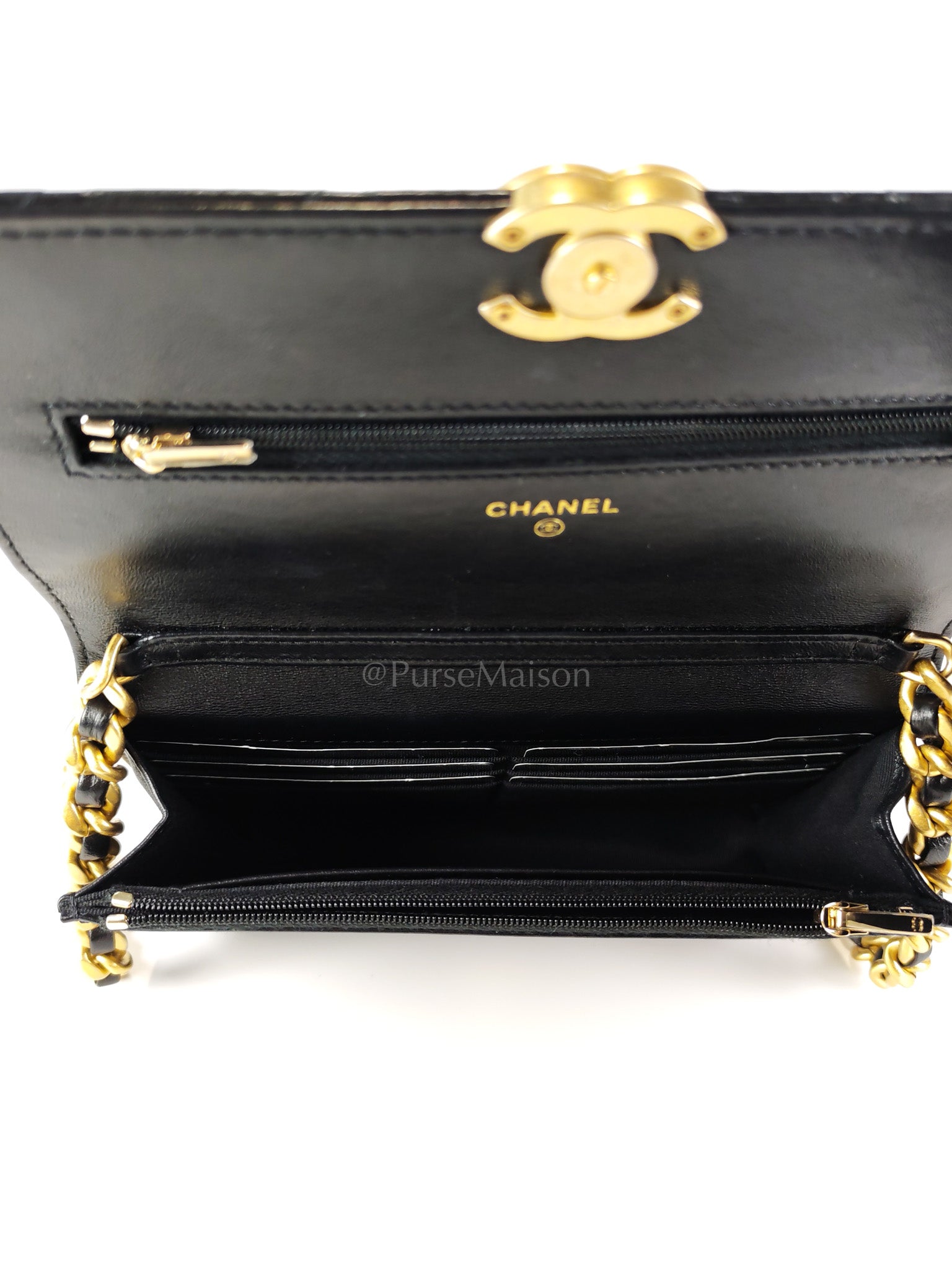 Big CC Logo Wallet on Chain in Black Lambskin Leather Aged Gold Hardware (Microchip) | Purse Maison Luxury Bags Shop