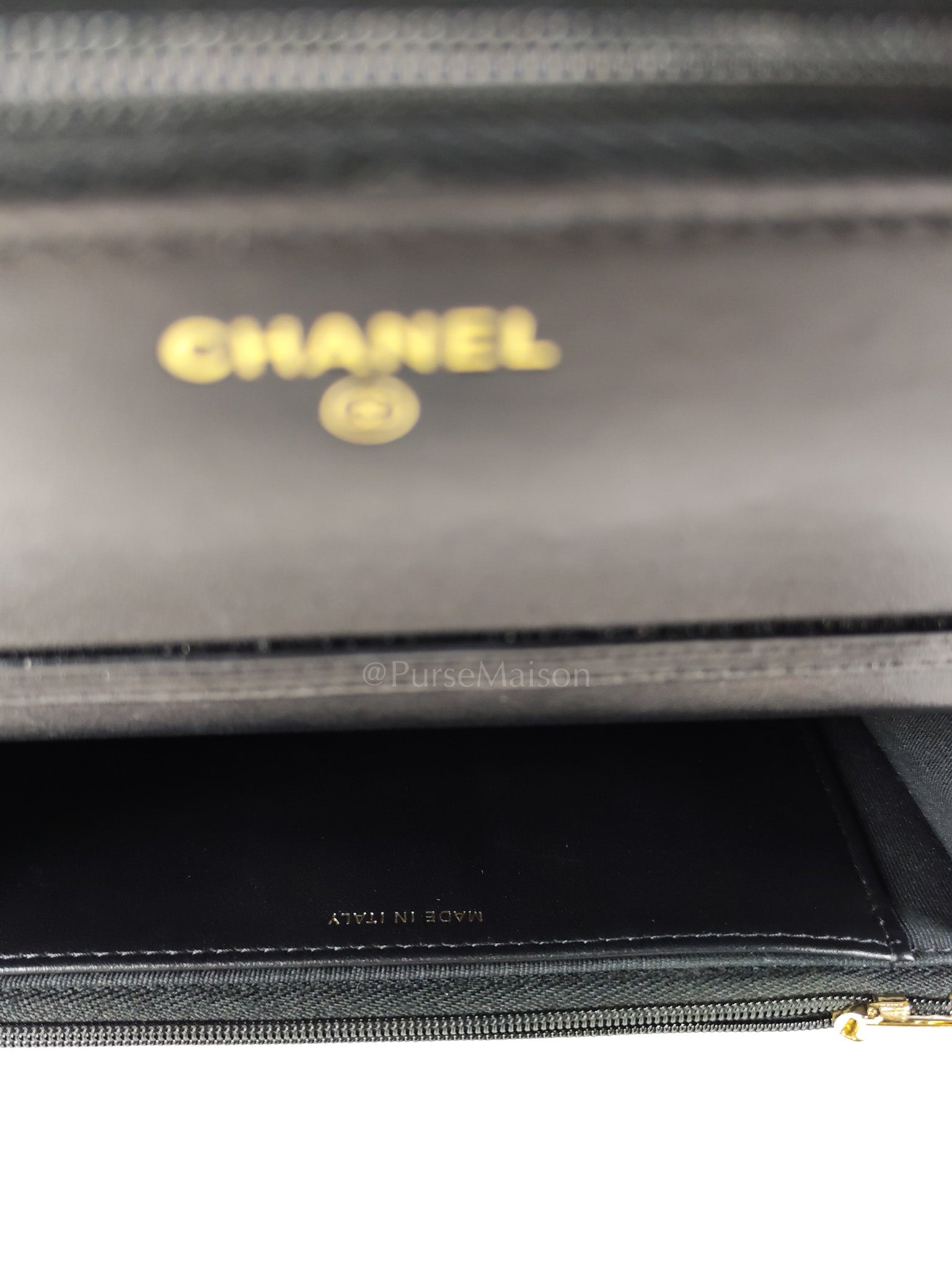 Big CC Logo Wallet on Chain in Black Lambskin Leather Aged Gold Hardware (Microchip) | Purse Maison Luxury Bags Shop
