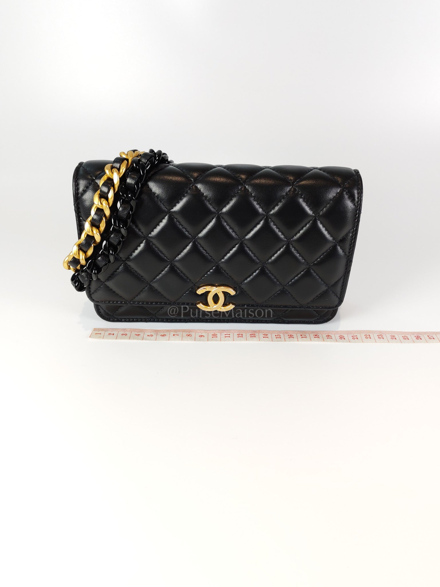 Big CC Logo Wallet on Chain in Black Lambskin Leather Aged Gold Hardware (Microchip) | Purse Maison Luxury Bags Shop