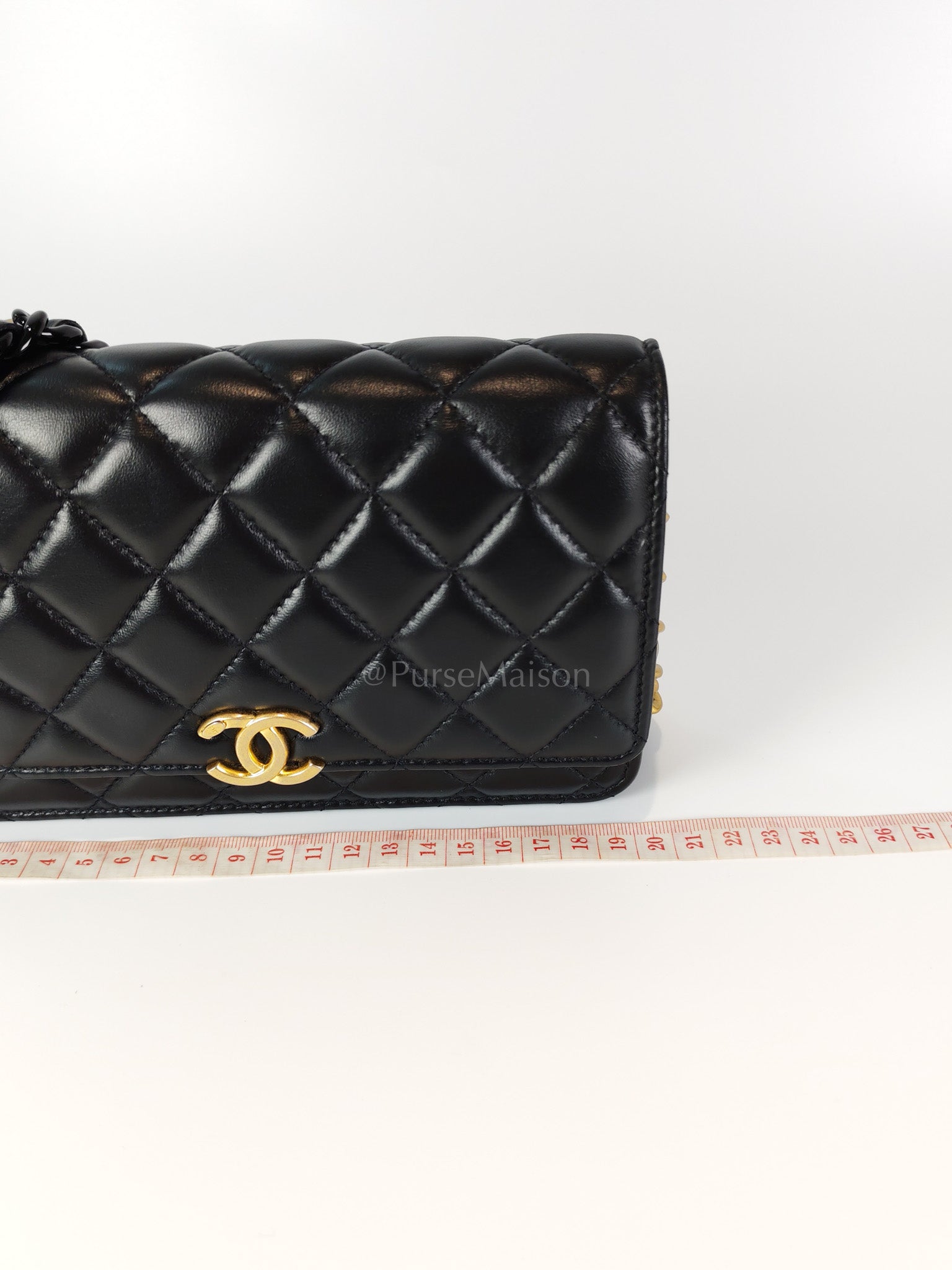 Big CC Logo Wallet on Chain in Black Lambskin Leather Aged Gold Hardware (Microchip) | Purse Maison Luxury Bags Shop