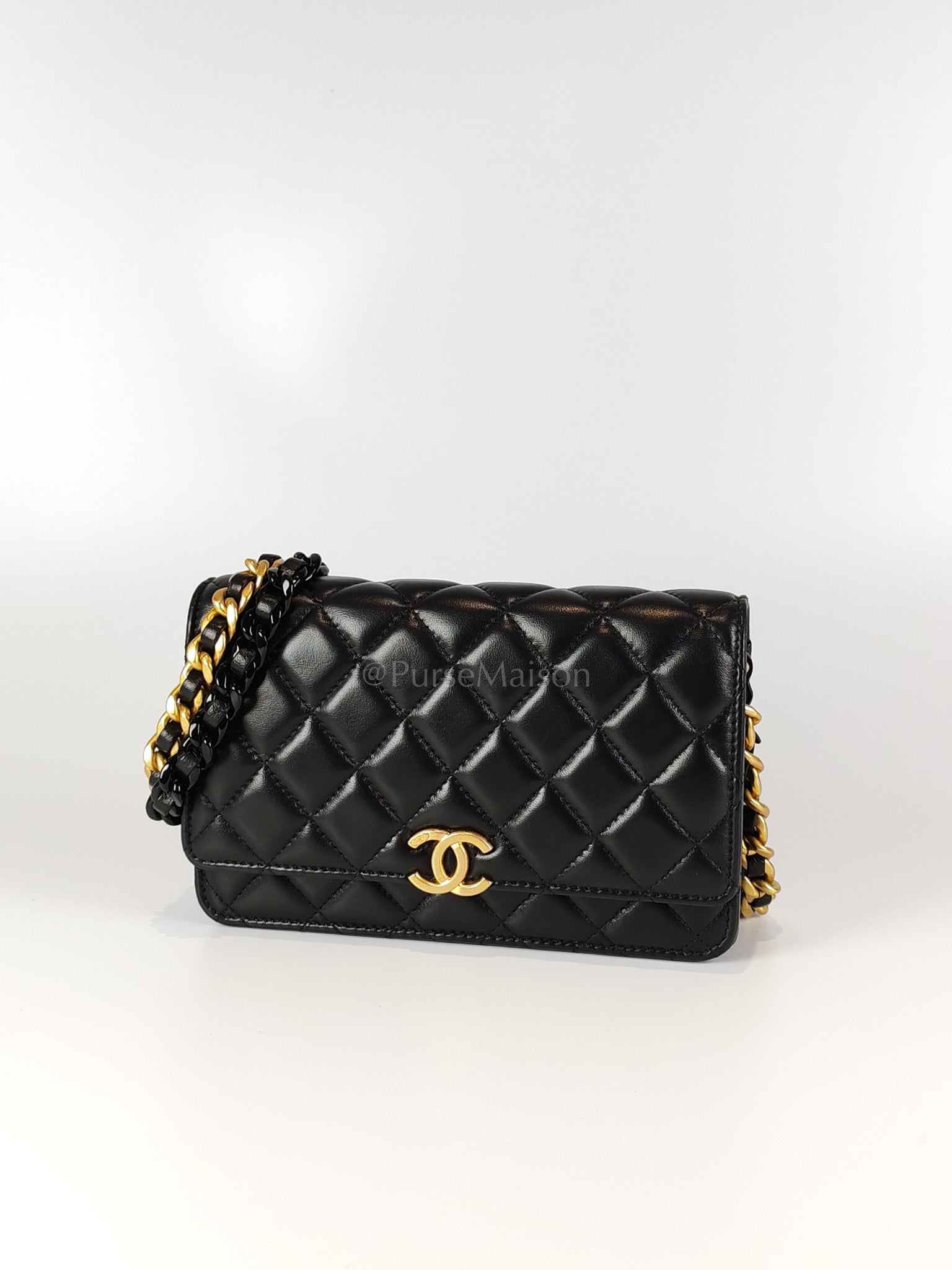 Big CC Logo Wallet on Chain in Black Lambskin Leather Aged Gold Hardware (Microchip) | Purse Maison Luxury Bags Shop