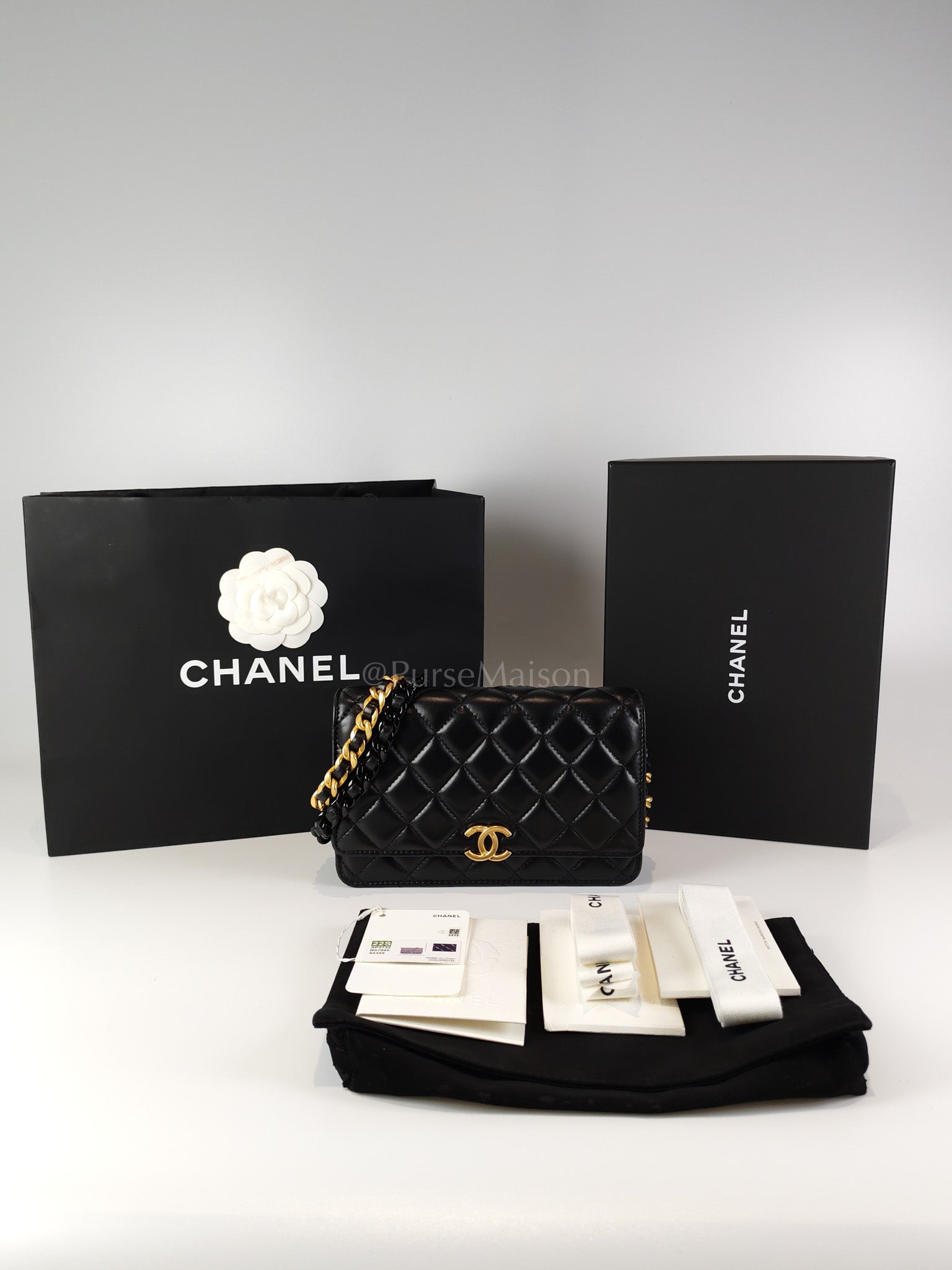 Big CC Logo Wallet on Chain in Black Lambskin Leather Aged Gold Hardware (Microchip) | Purse Maison Luxury Bags Shop