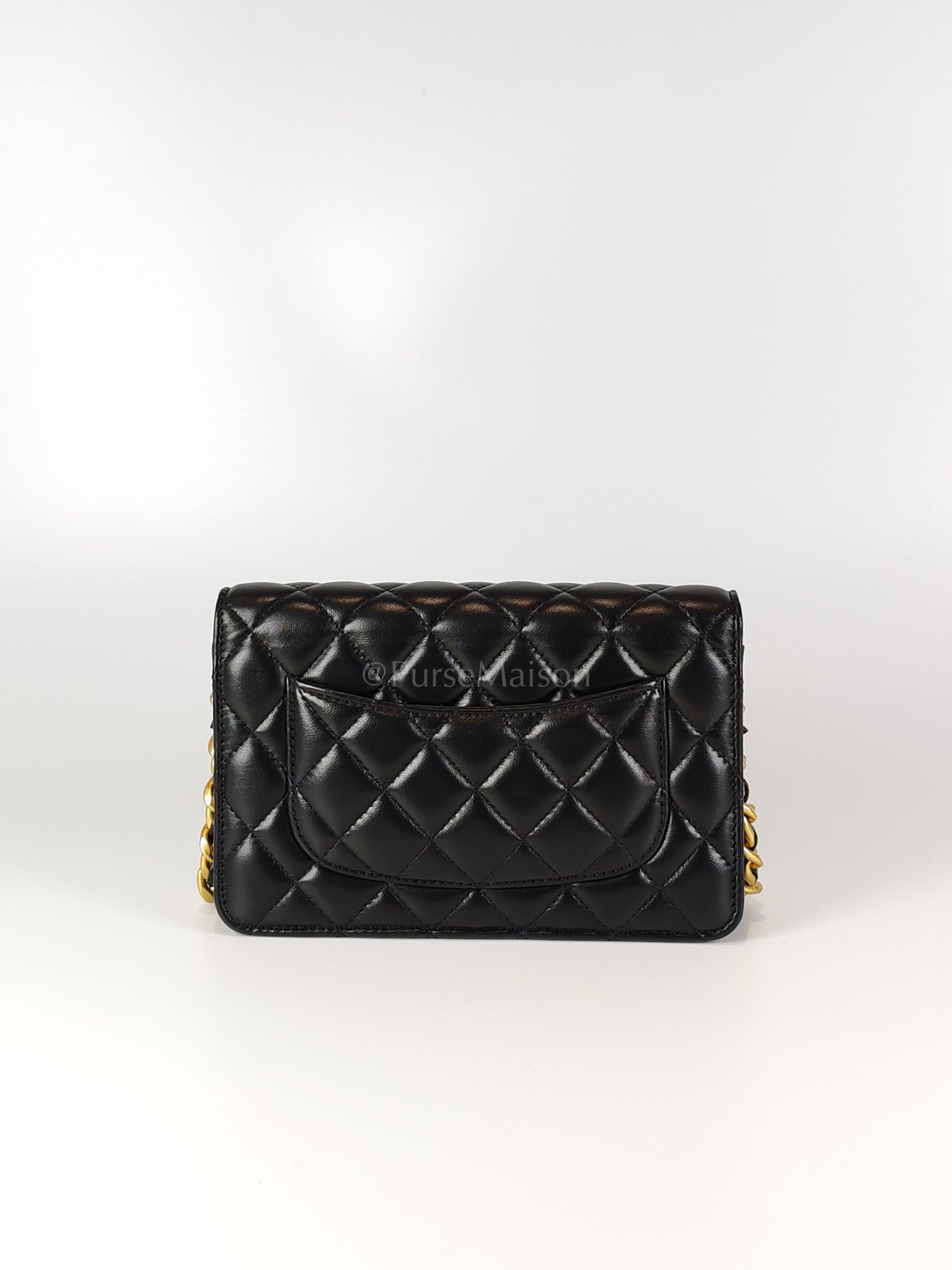 Big CC Logo Wallet on Chain in Black Lambskin Leather Aged Gold Hardware (Microchip) | Purse Maison Luxury Bags Shop