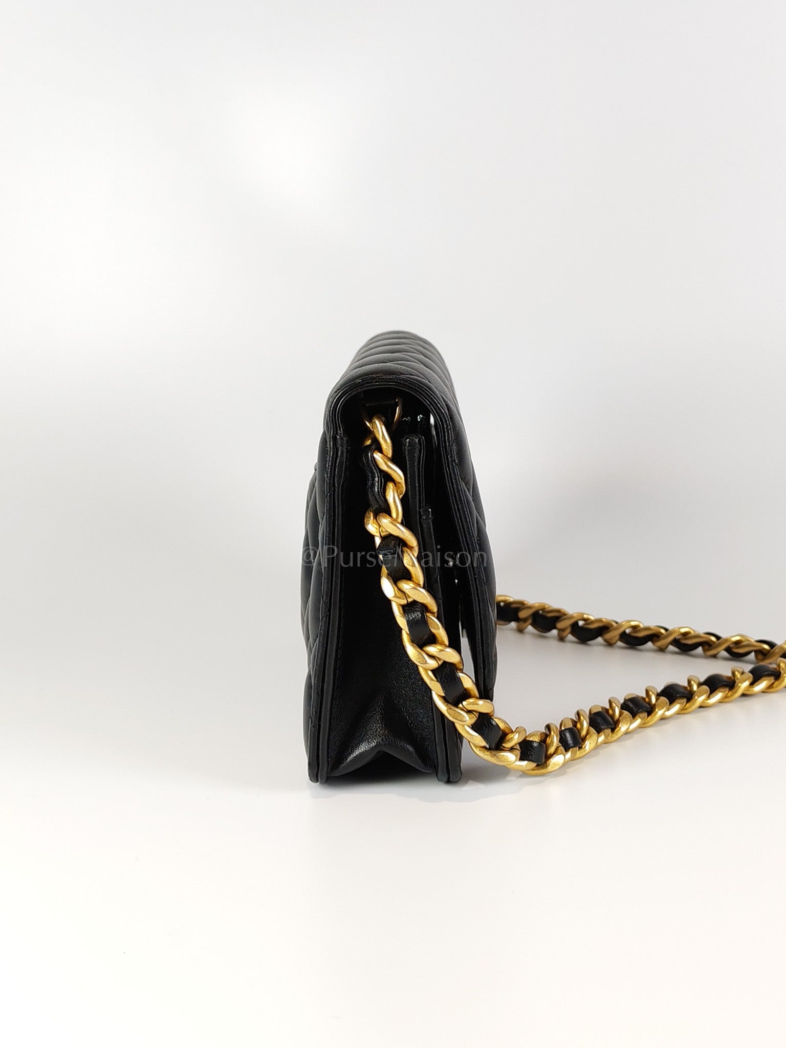 Big CC Logo Wallet on Chain in Black Lambskin Leather Aged Gold Hardware (Microchip) | Purse Maison Luxury Bags Shop