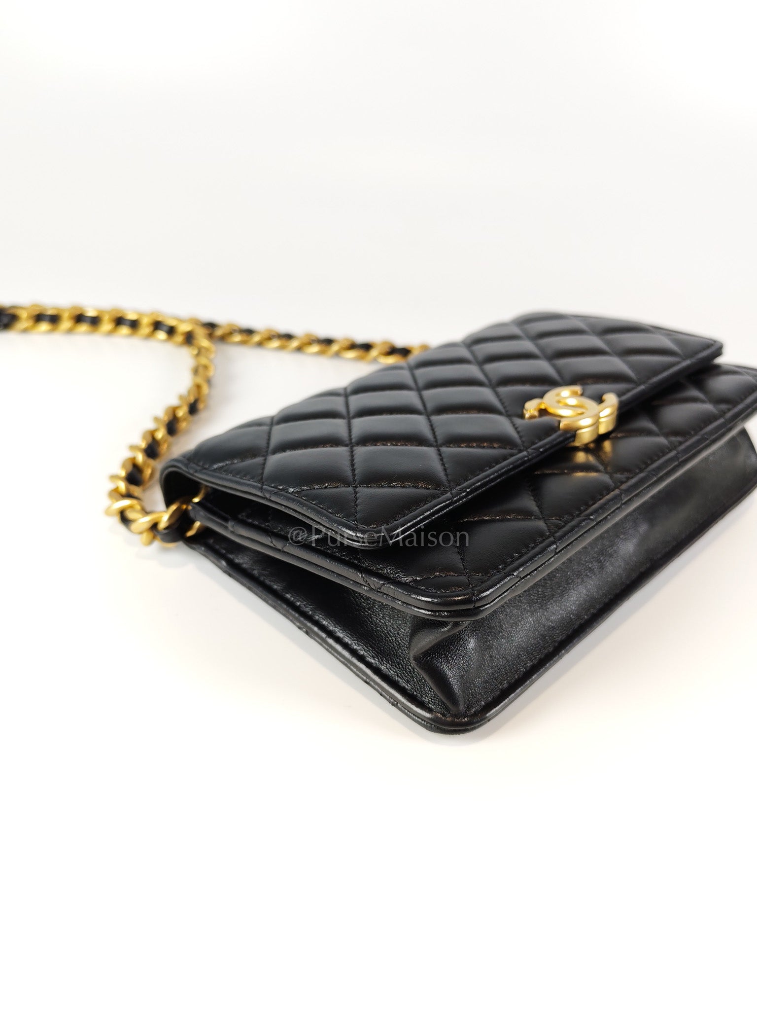 Big CC Logo Wallet on Chain in Black Lambskin Leather Aged Gold Hardware (Microchip) | Purse Maison Luxury Bags Shop