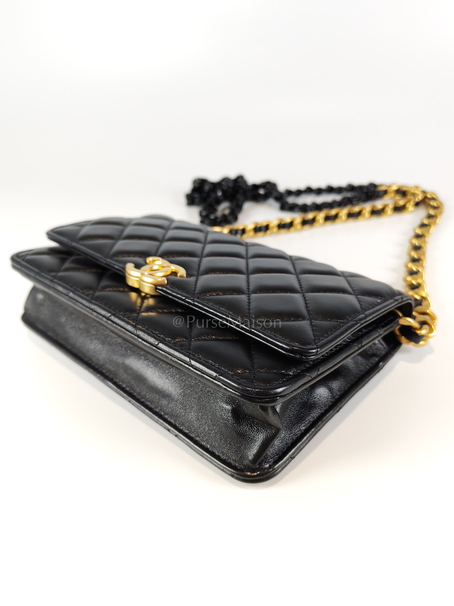 Big CC Logo Wallet on Chain in Black Lambskin Leather Aged Gold Hardware (Microchip) | Purse Maison Luxury Bags Shop
