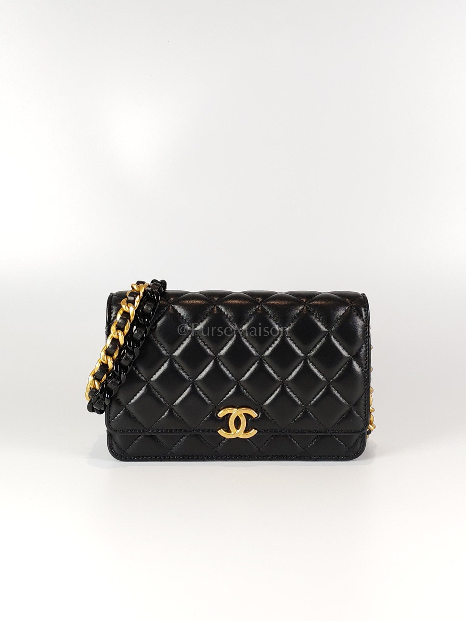 Big CC Logo Wallet on Chain in Black Lambskin Leather Aged Gold Hardware (Microchip) | Purse Maison Luxury Bags Shop
