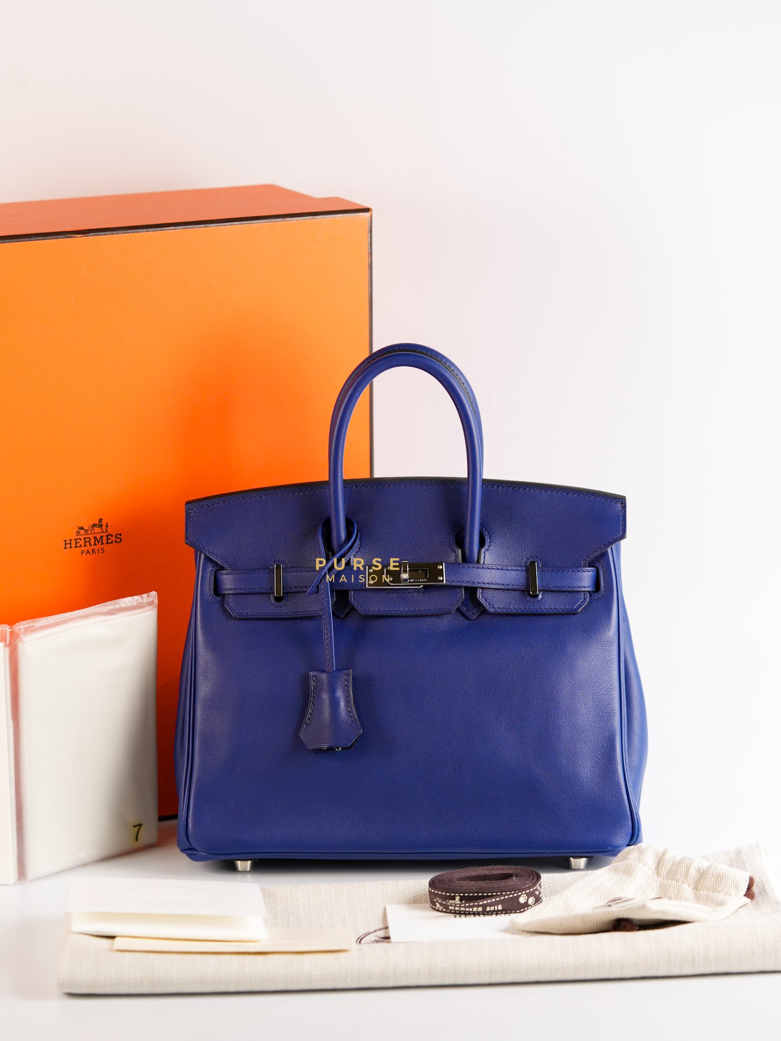 Birkin 25 Blue Saphire Swift Leather in Palladium Hardware Stamp X (2016) | Purse Maison Luxury Bags Shop