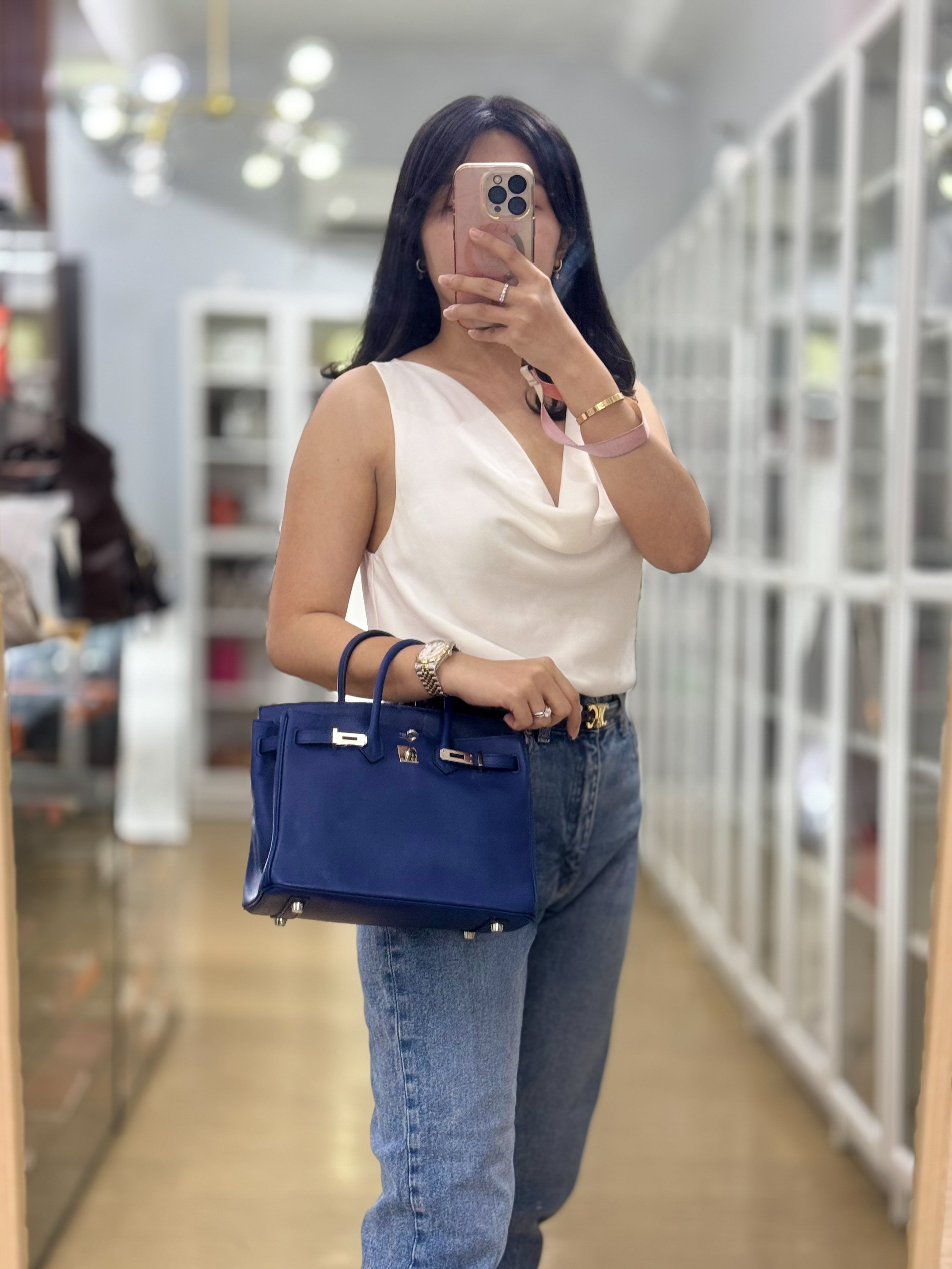 Birkin 25 Blue Saphire Swift Leather in Palladium Hardware Stamp X (2016) | Purse Maison Luxury Bags Shop