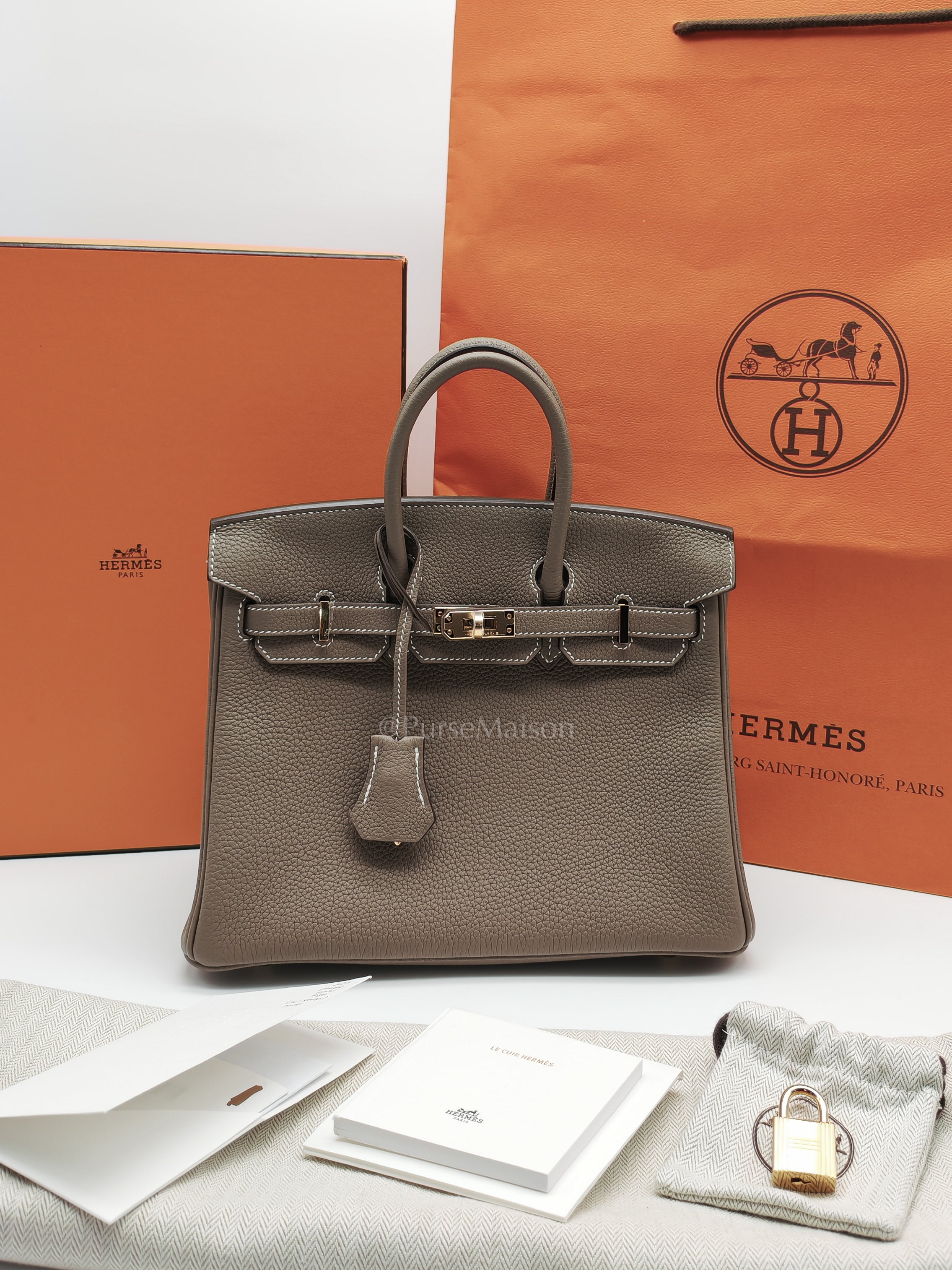 Birkin 25 Retourne in Etoupe Togo Leather and Gold Hardware Stamp W (2024) | Purse Maison Luxury Bags Shop