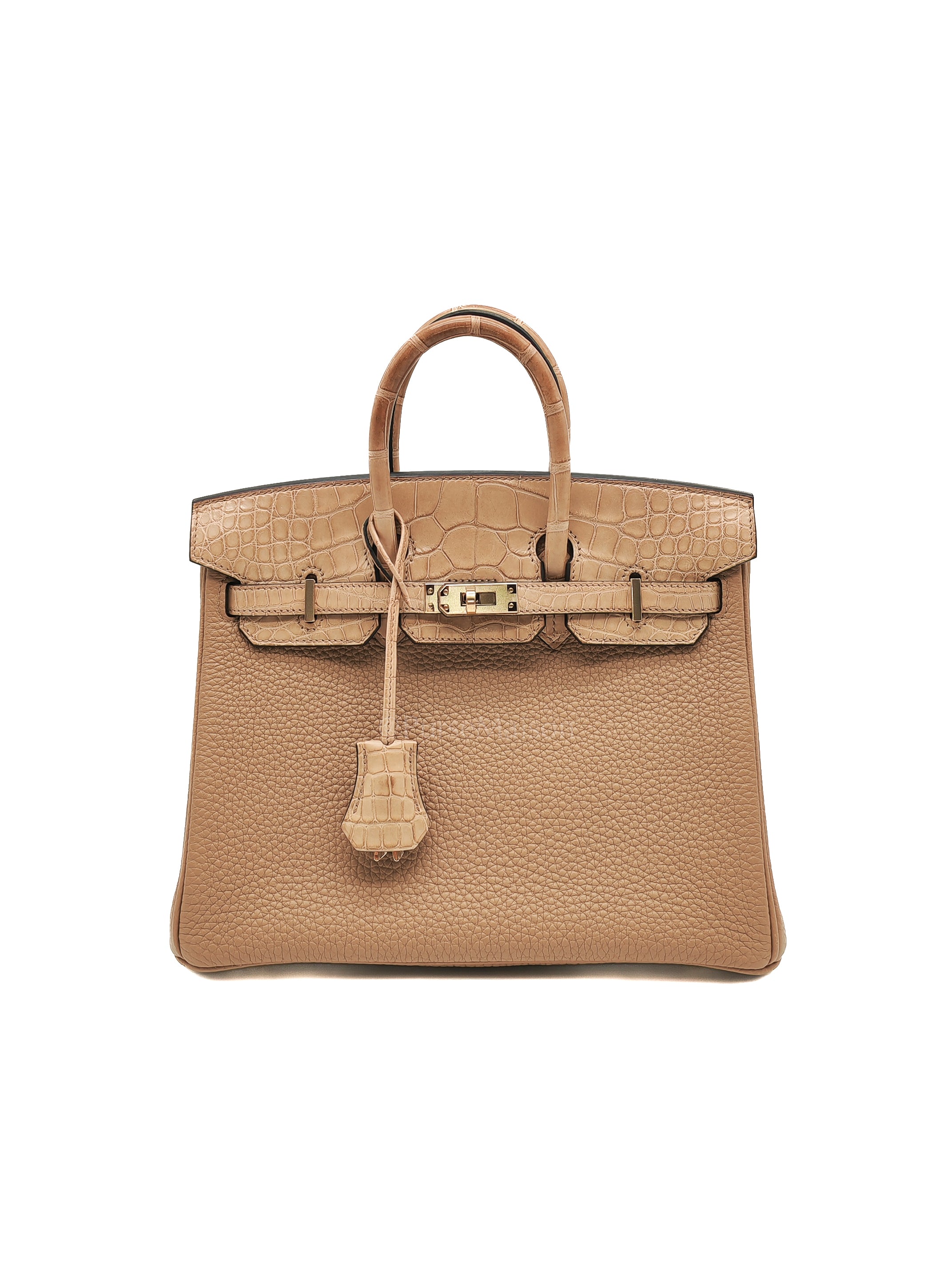 Birkin 25 Retourne Touch in Chai Togo and Alligator Leather in Permabrass Hardware Stamp U (2022) | Purse Maison Luxury Bags Shop