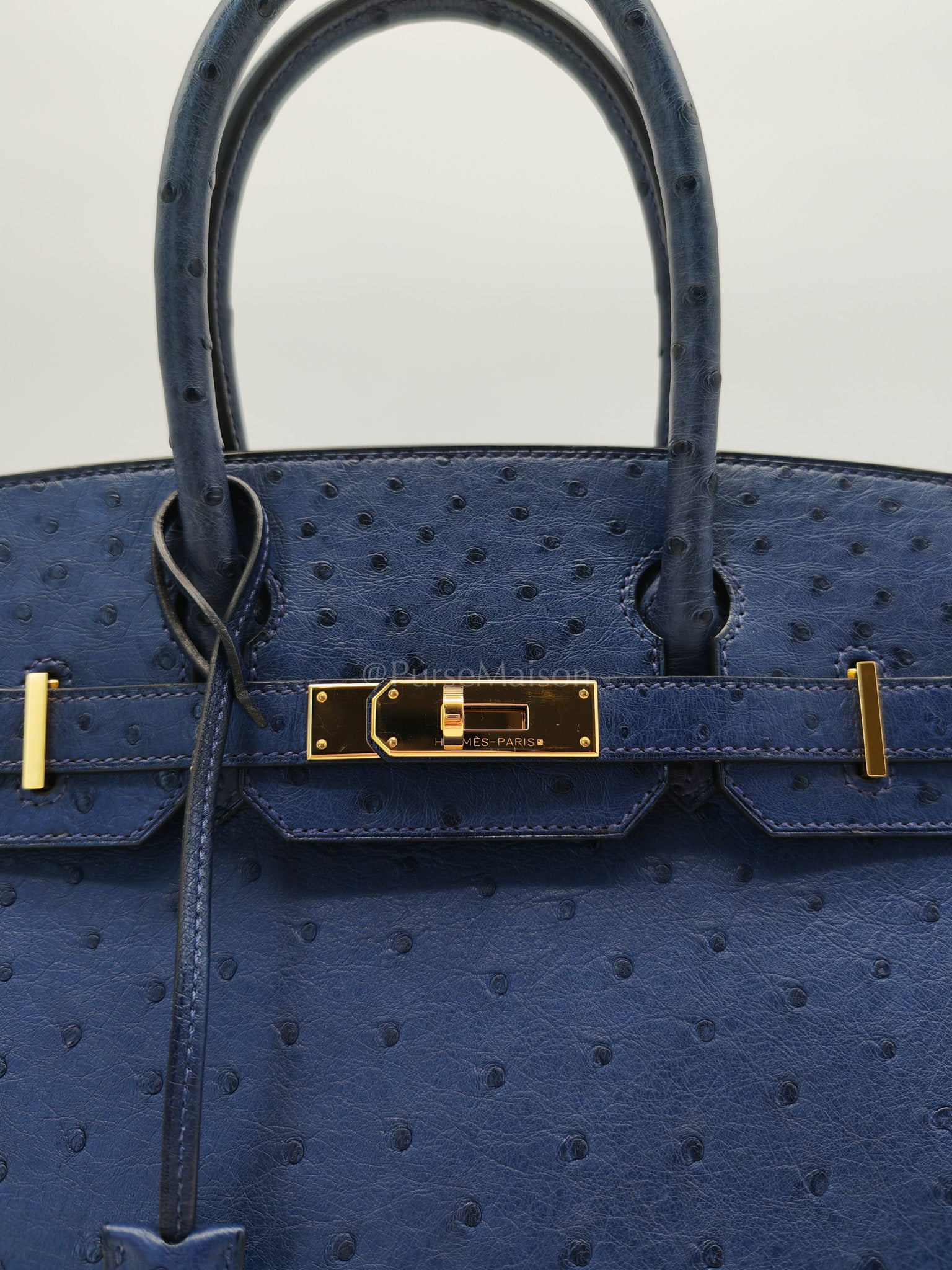 Birkin 30 Autruche in Bleu Iris Ostrich Leather Gold Hardware Stamp T(2015) | Purse Maison Luxury Bags Shop
