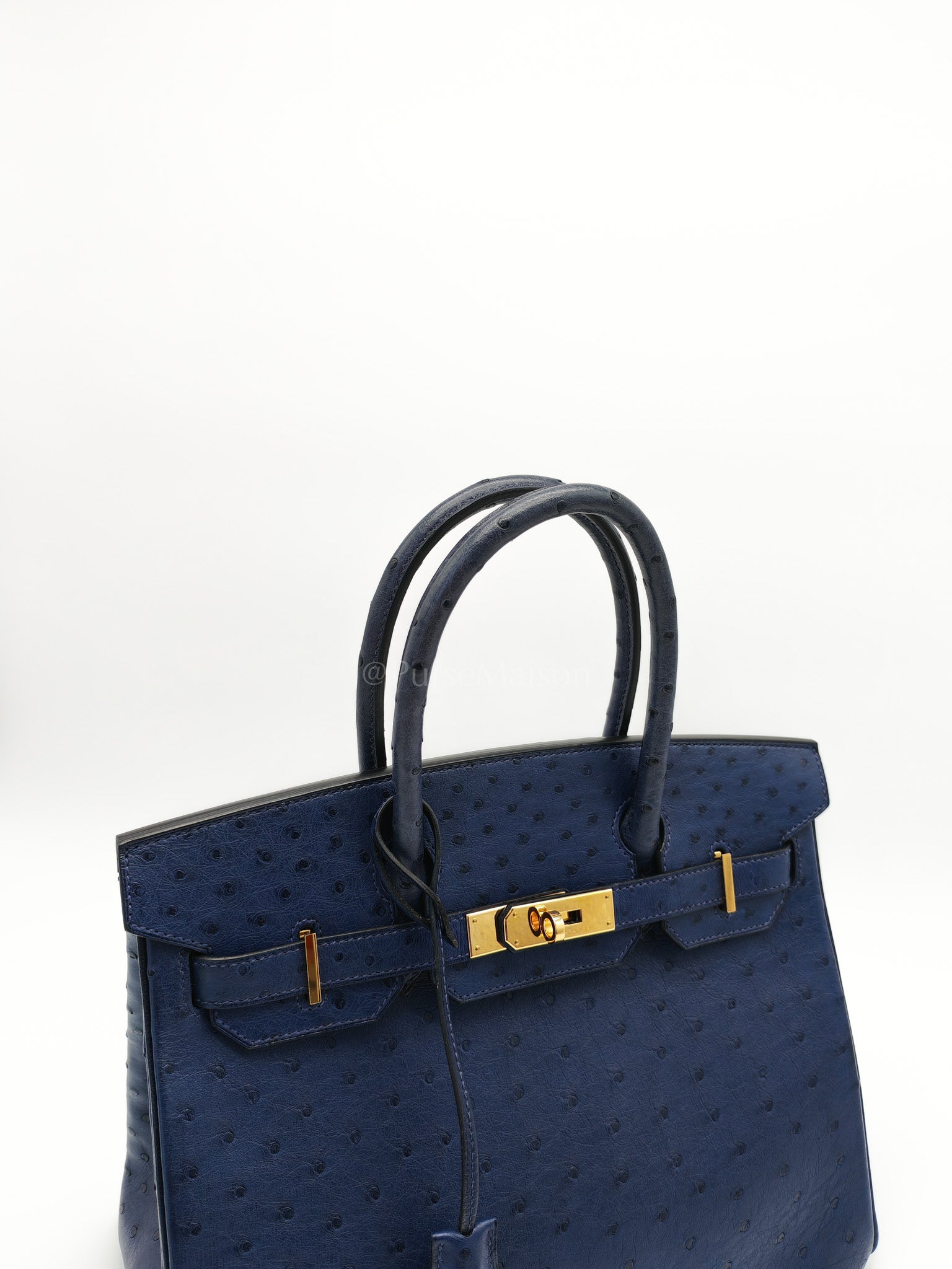Birkin 30 Autruche in Bleu Iris Ostrich Leather Gold Hardware Stamp T(2015) | Purse Maison Luxury Bags Shop