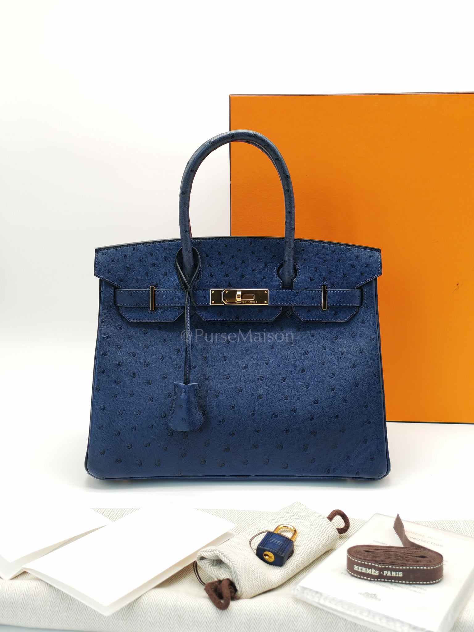 Birkin 30 Autruche in Bleu Iris Ostrich Leather Gold Hardware Stamp T(2015) | Purse Maison Luxury Bags Shop
