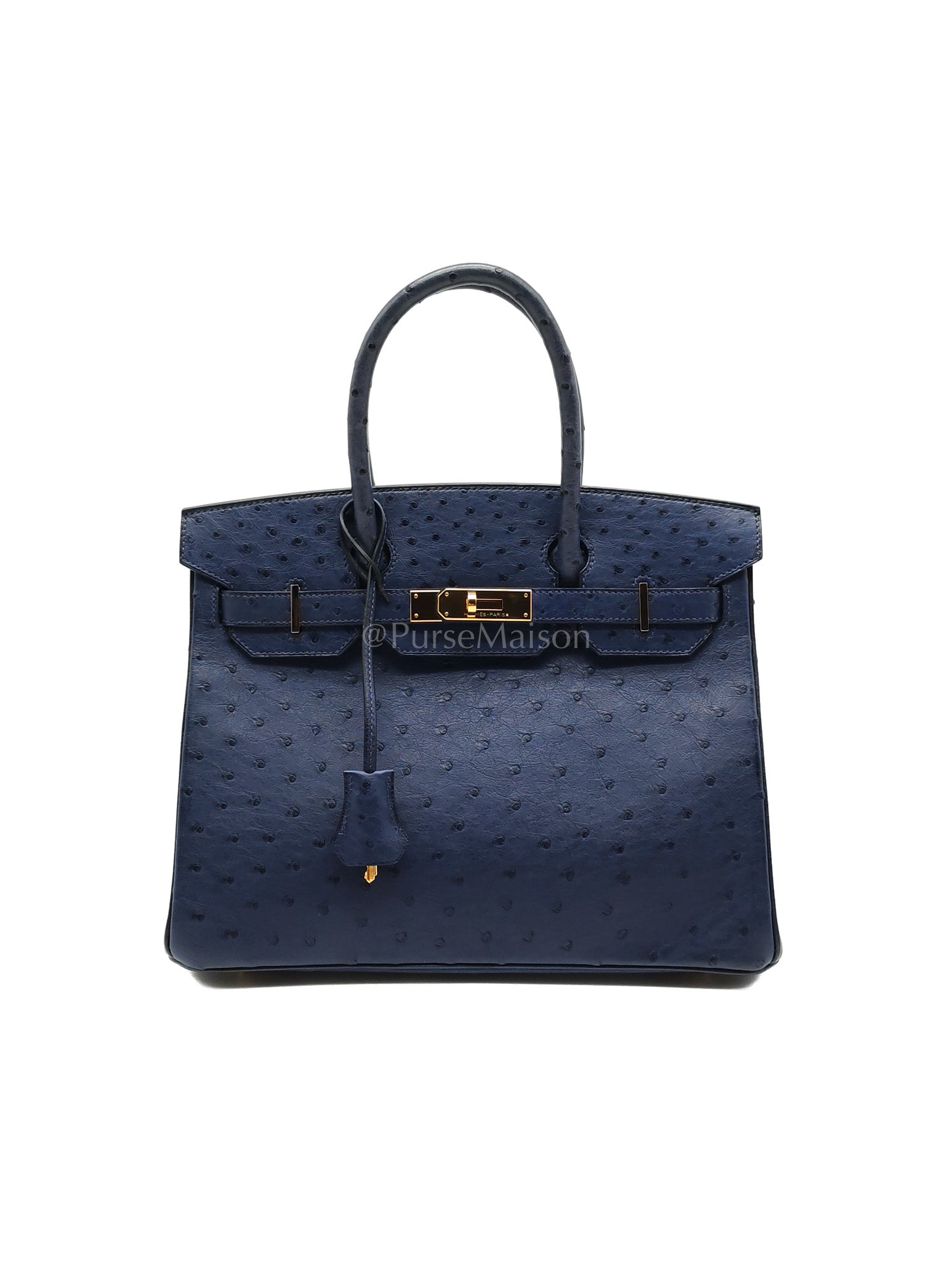 Birkin 30 Autruche in Bleu Iris Ostrich Leather Gold Hardware Stamp T(2015) | Purse Maison Luxury Bags Shop