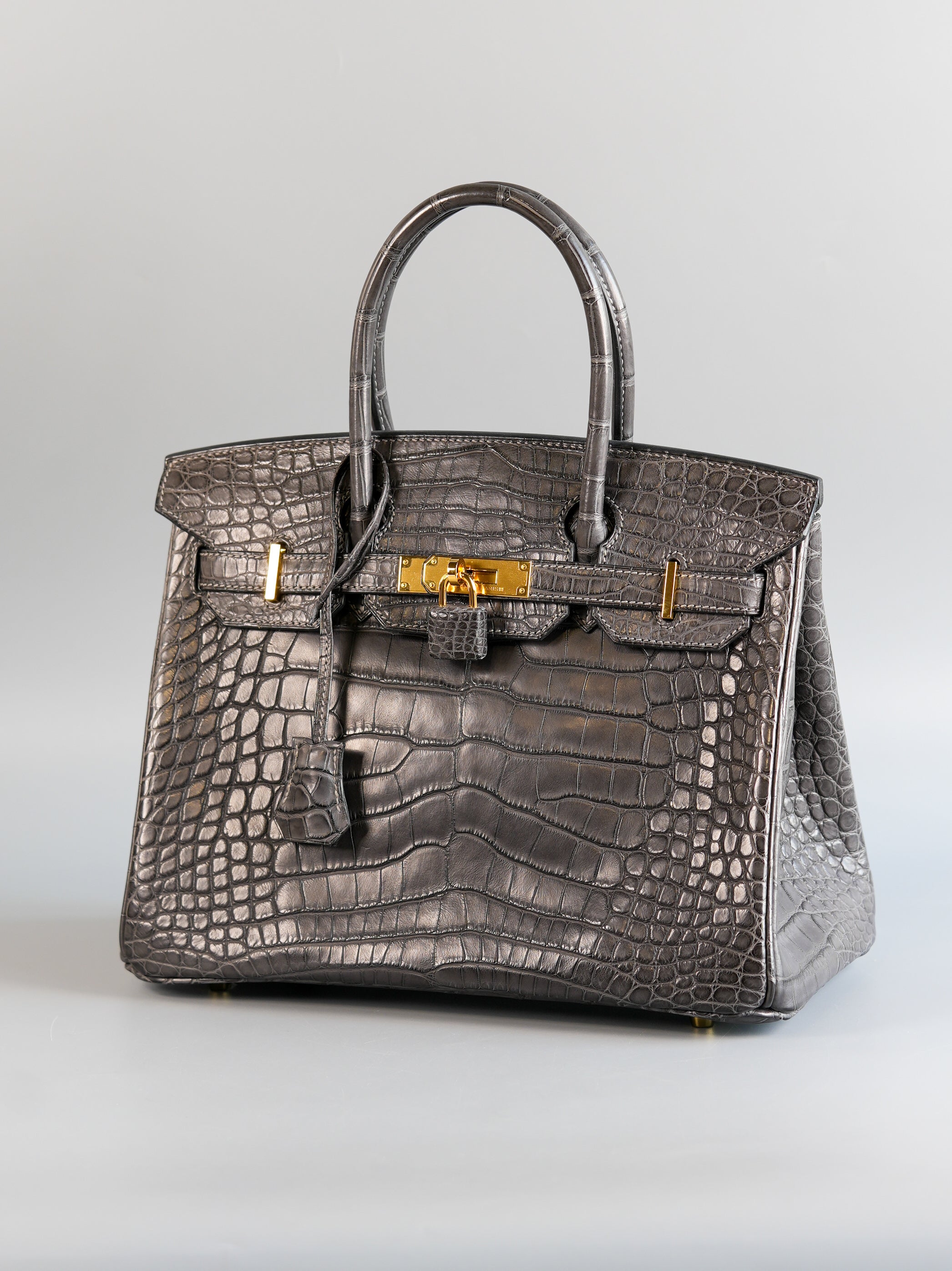 Birkin 30 Graphite Matte Alligator in Gold Hardware Stamp X | Purse Maison Luxury Bags Shop