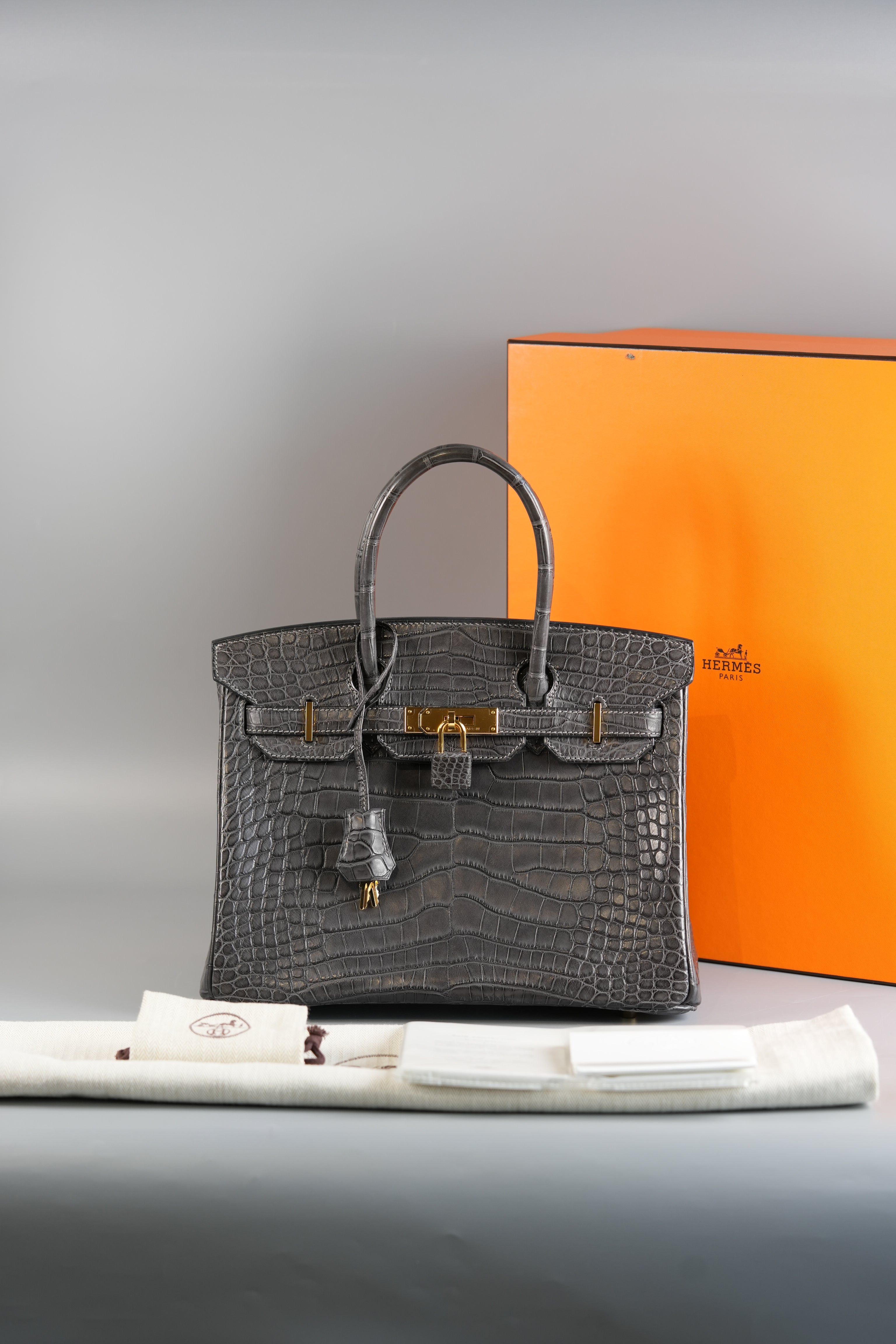 Birkin 30 Graphite Matte Alligator in Gold Hardware Stamp X | Purse Maison Luxury Bags Shop