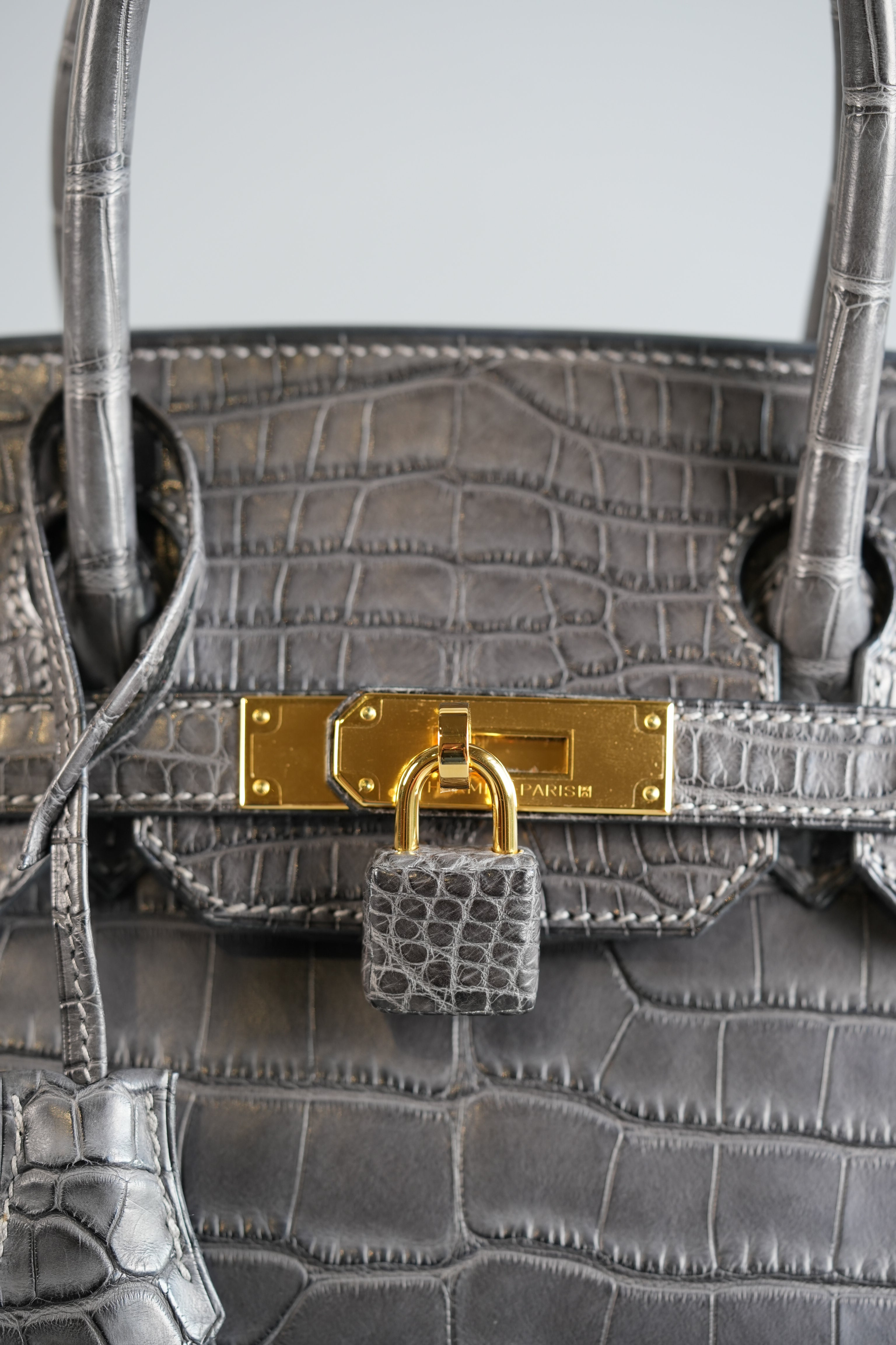 Birkin 30 Graphite Matte Alligator in Gold Hardware Stamp X | Purse Maison Luxury Bags Shop